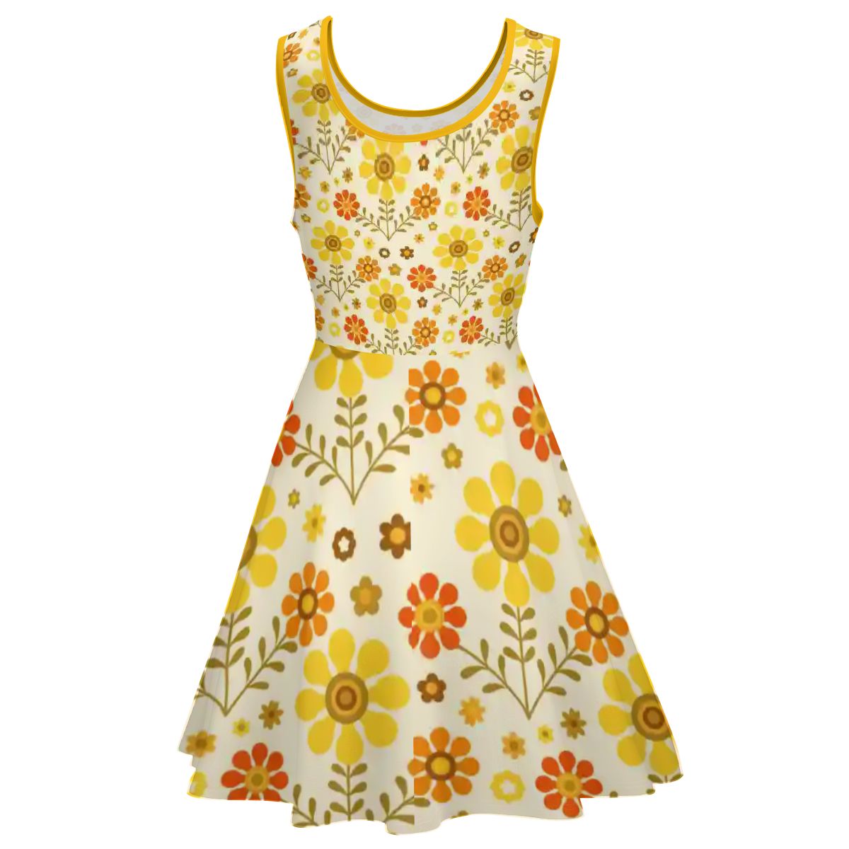 Kate McEnroe New York Retro Daisy Skater Dress Yellow Orange 1970s Flower Power Swing DressSkater DressWVHo2H37vd