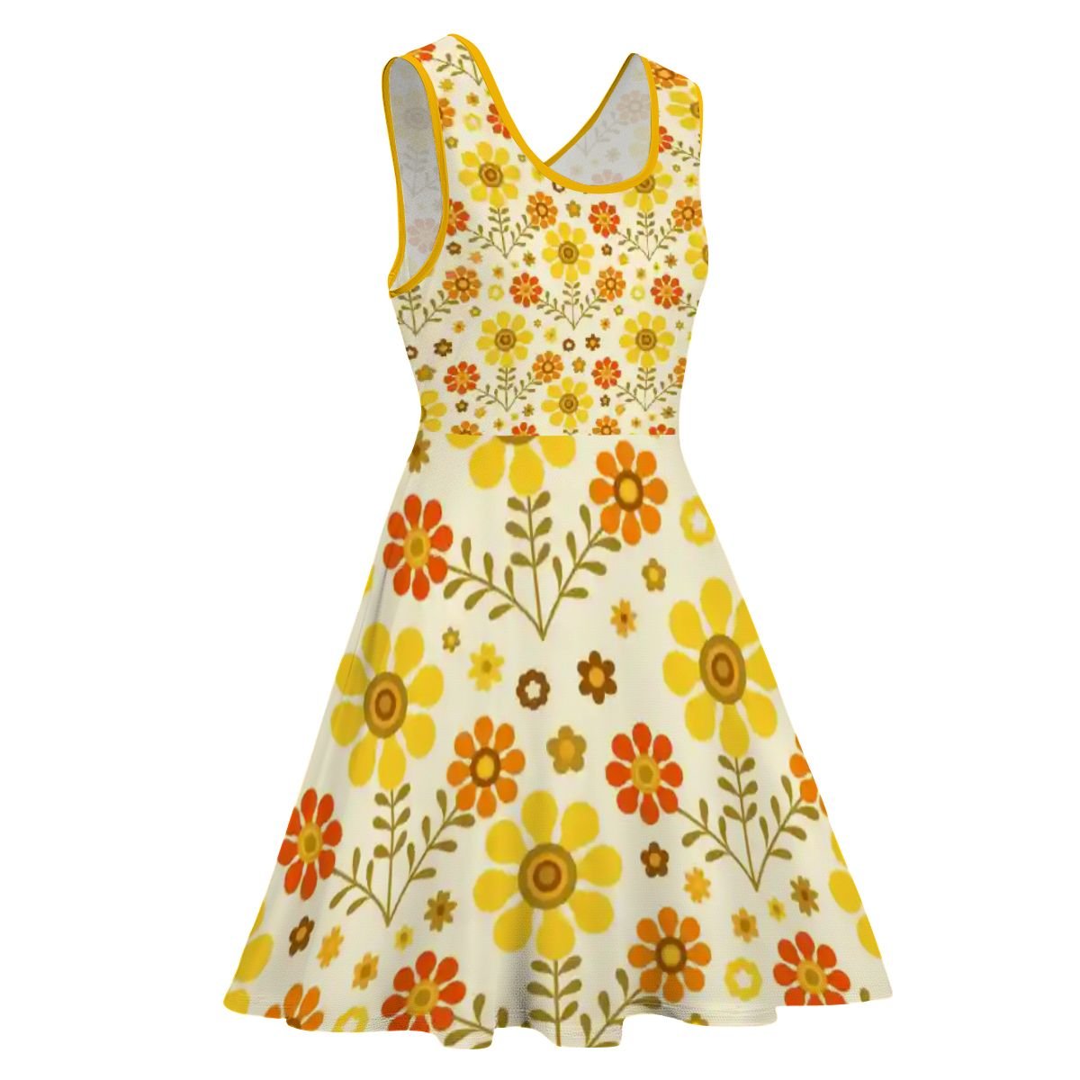 yellow skater dress Retro Daisy Skater Dress Yellow Orange 1970s Flower Power Swing Dress 3XL