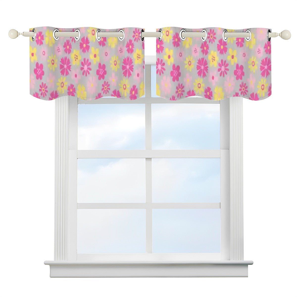 Kate McEnroe New York Retro Daisy Window Valance, Mid Century Modern Pink and Yellow Floral Kitchen Curtain, 60s Groovy Grommet Short DrapesValancesOVYs9LTMUM