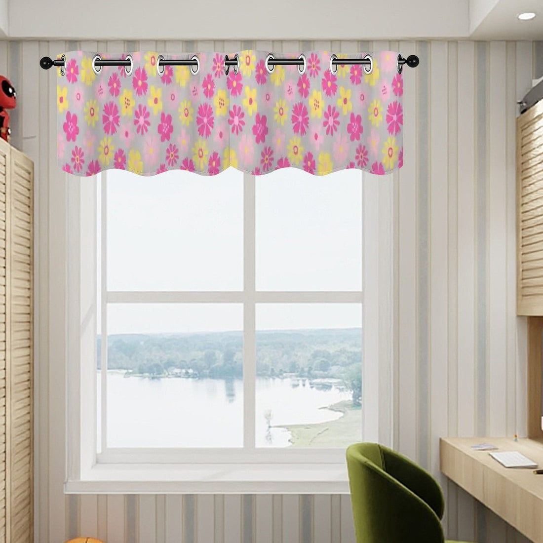 Kate McEnroe New York Retro Daisy Window Valance, Mid Century Modern Pink and Yellow Floral Kitchen Curtain, 60s Groovy Grommet Short DrapesValancesOVYs9LTMUM