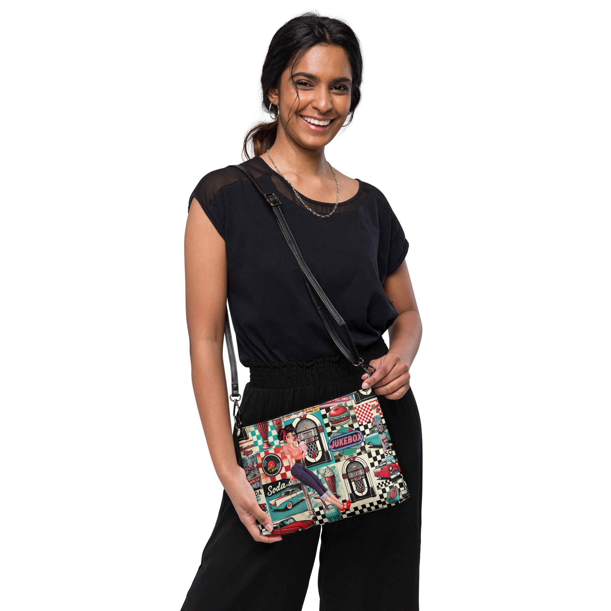 Kate McEnroe New York Retro Diner Pin - Up Crossbody Bag, Vintage 50s Rock n’ Roll Jukebox, Classic American Diner Shoulder Bag, Retro Style PurseHandbags8908257_16708