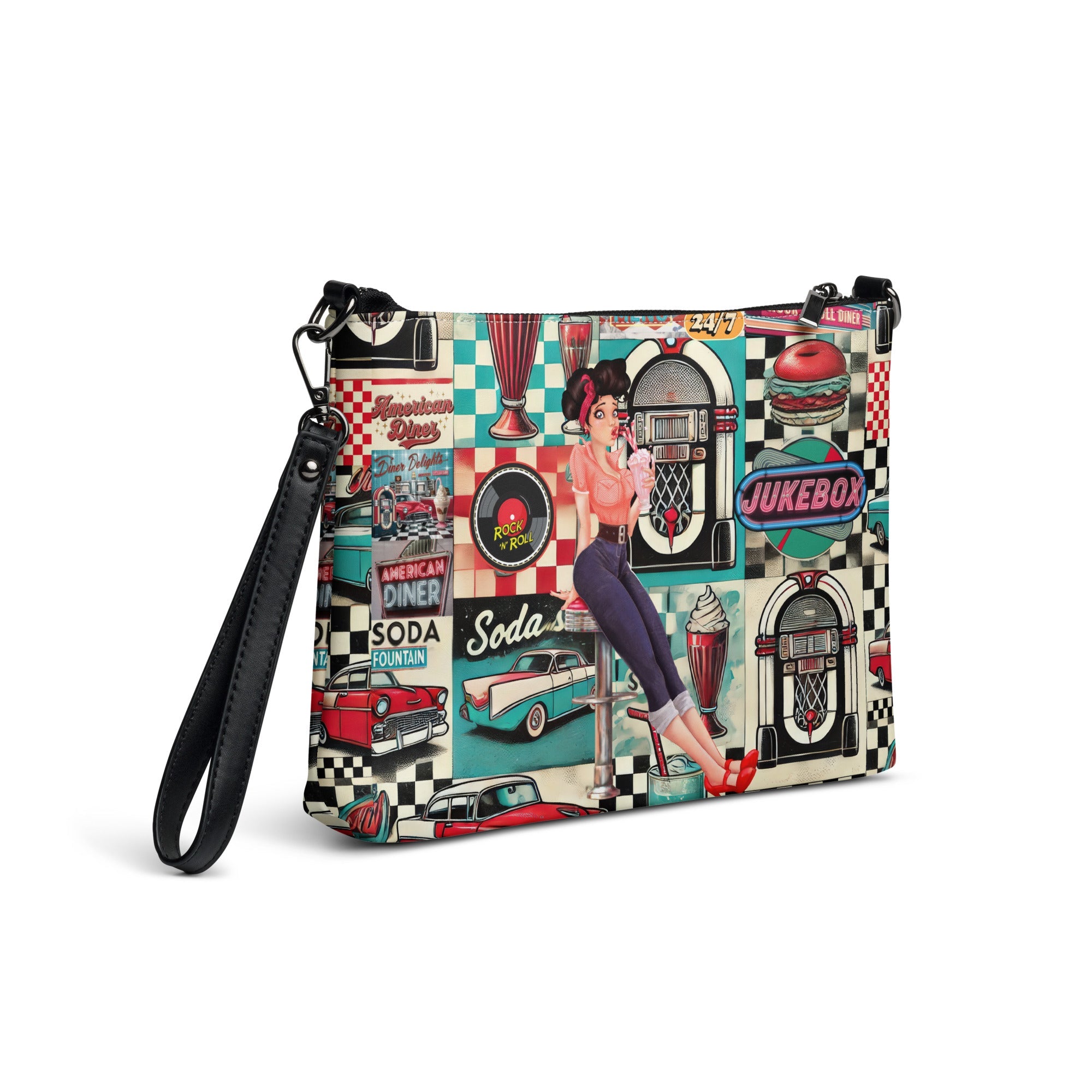 Kate McEnroe New York Retro Diner Pin - Up Crossbody Bag, Vintage 50s Rock n’ Roll Jukebox, Classic American Diner Shoulder Bag, Retro Style PurseHandbags8908257_16708
