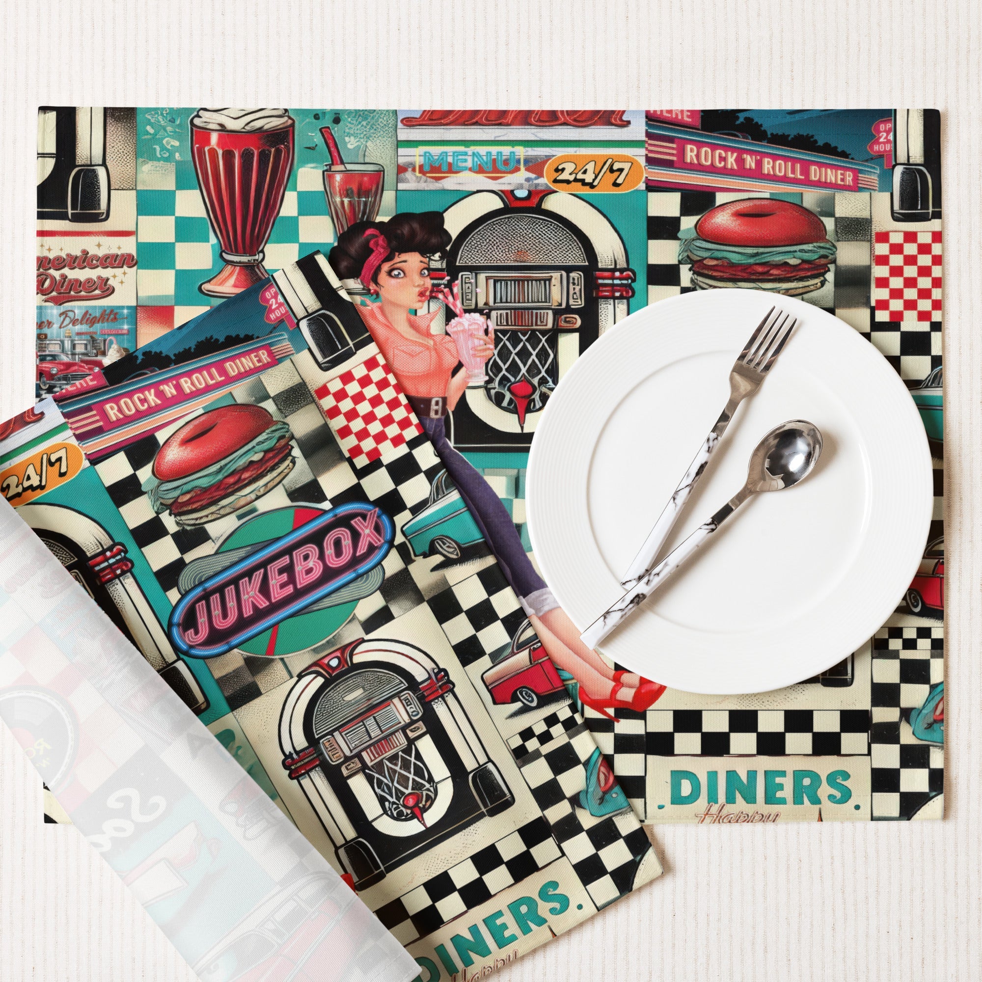 Kate McEnroe New York Retro Diner Placemats Set of 4, Mid Century Modern 50s Rockabilly Pin Up Table Linens.Placemats2452771_17484