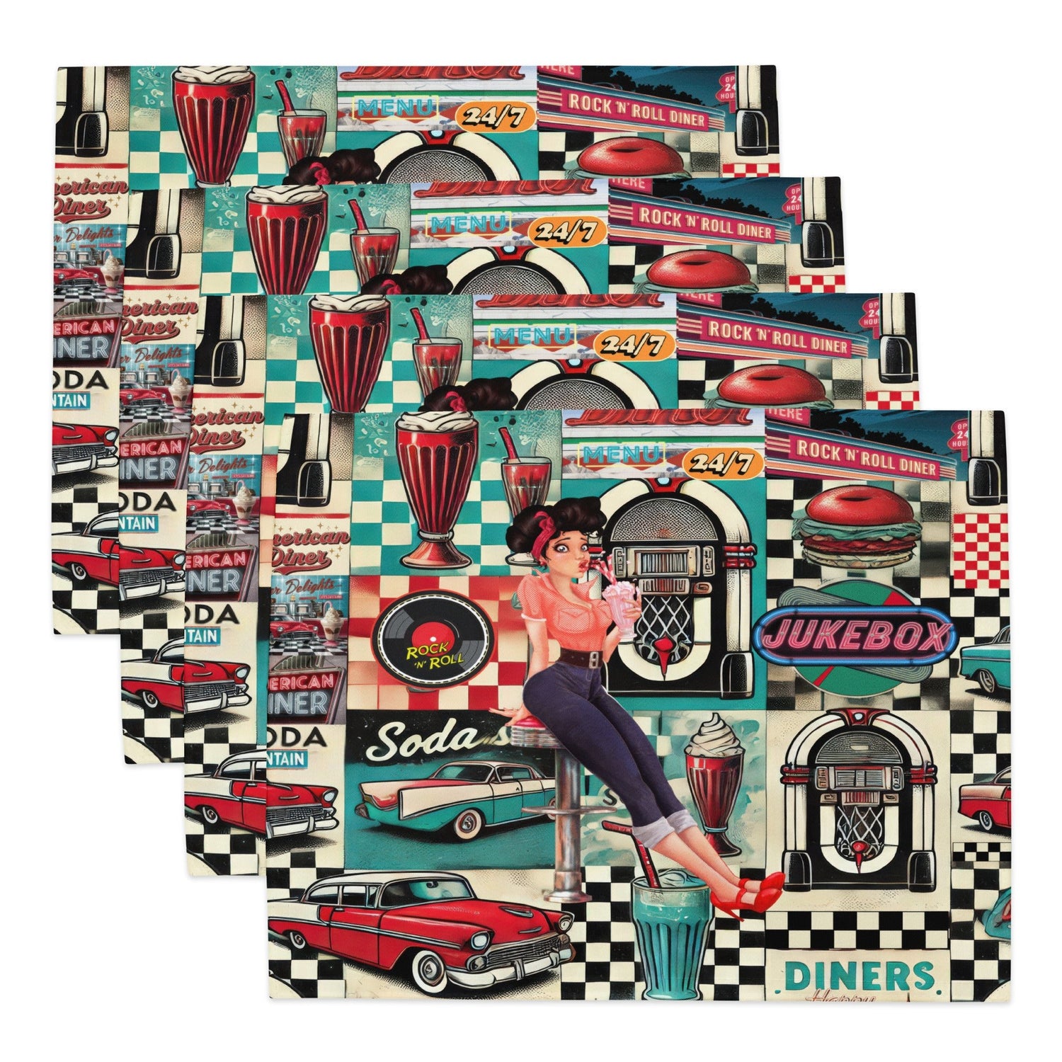 Kate McEnroe New York Retro Diner Placemats Set of 4, Mid Century Modern 50s Rockabilly Pin Up Table Linens.Placemats2452771_17484