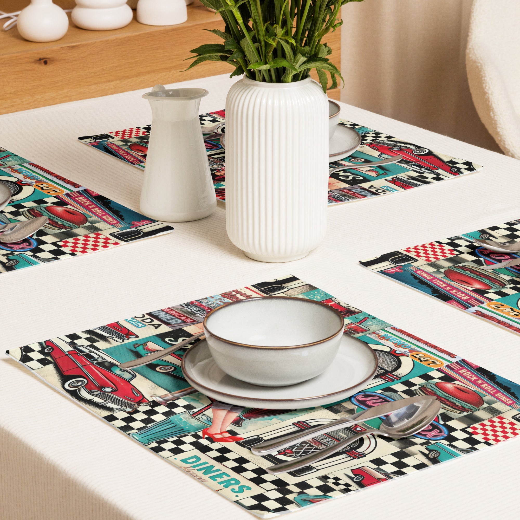 Kate McEnroe New York Retro Diner Placemats Set of 4, Mid Century Modern 50s Rockabilly Pin Up Table Linens.Placemats2452771_17484