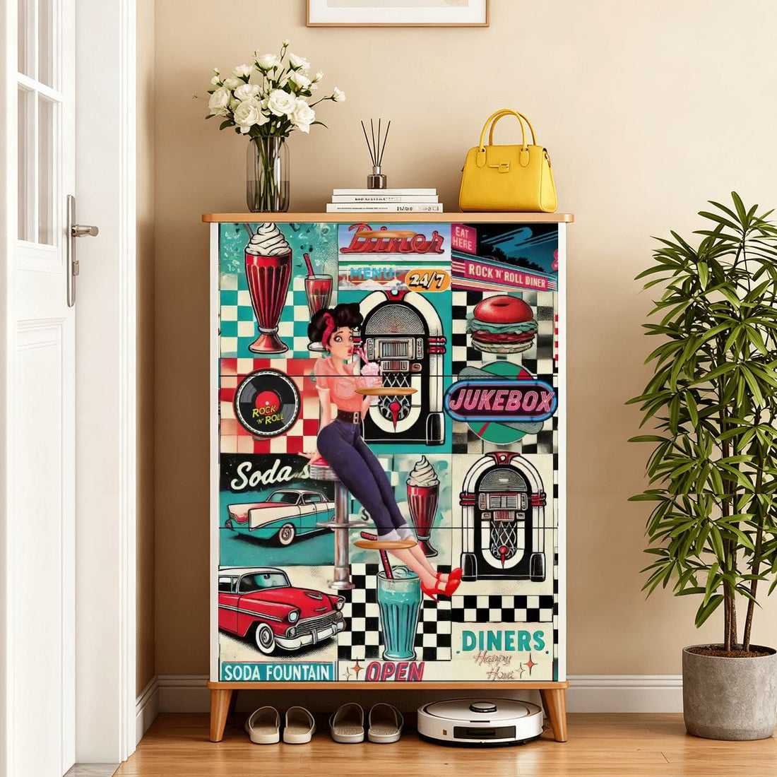 Kate McEnroe New York Retro Diner Shoe Cabinet, 50s Americana Mudroom Storage, Vintage Rockabilly OrganizerShoe StoragenAwgjuRzkpqiH