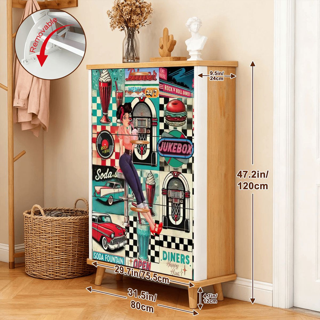 Kate McEnroe New York Retro Diner Shoe Cabinet, 50s Americana Mudroom Storage, Vintage Rockabilly OrganizerShoe StoragenAwgjuRzkpqiH