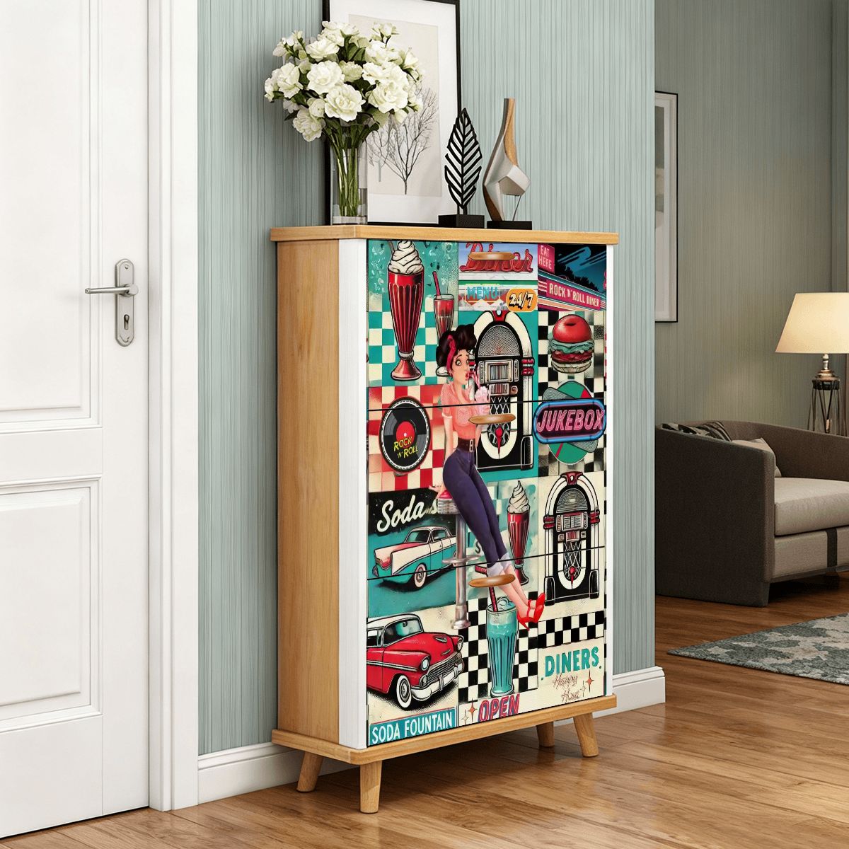 Kate McEnroe New York Retro Diner Shoe Cabinet, 50s Americana Mudroom Storage, Vintage Rockabilly OrganizerShoe StoragenAwgjuRzkpqiH