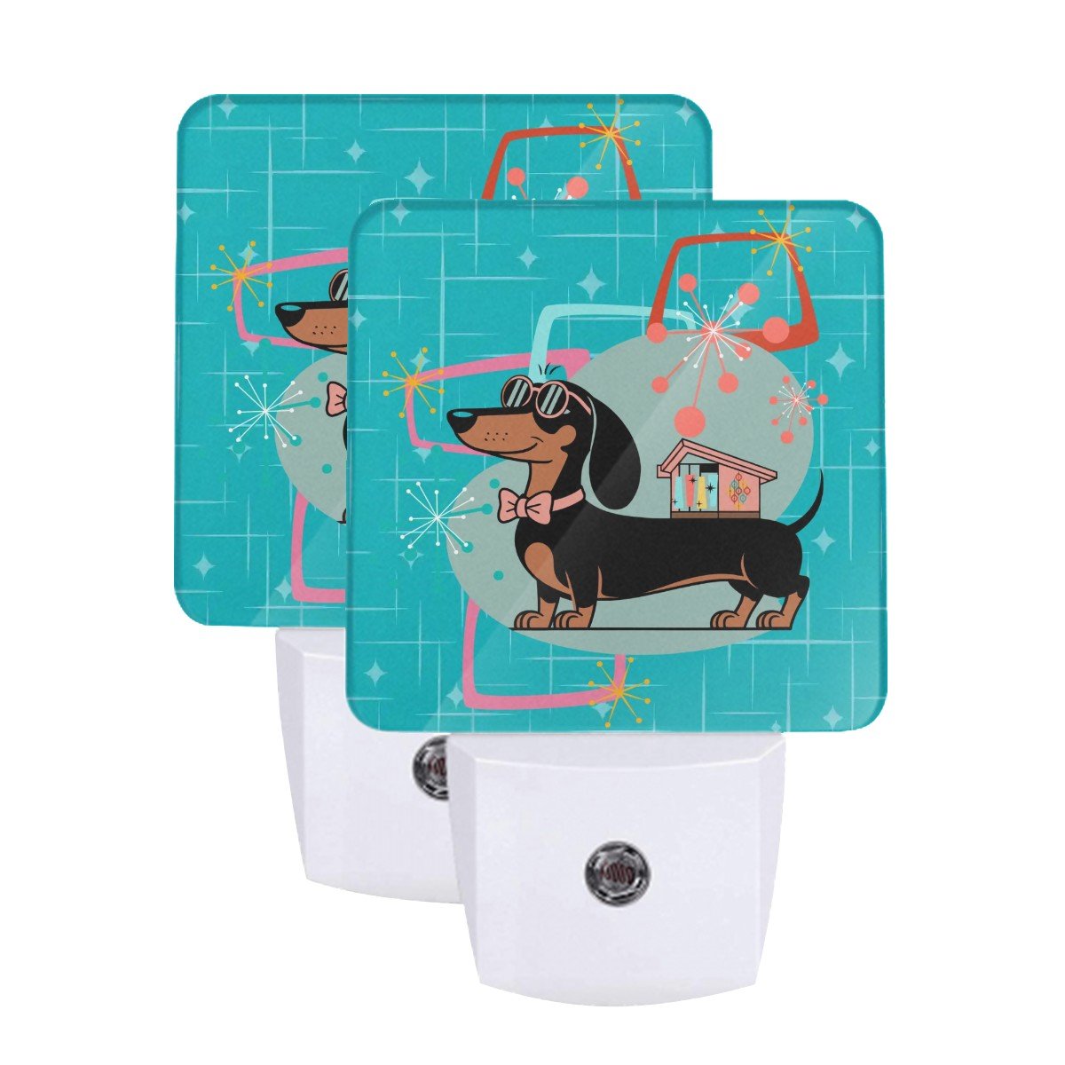 Kate McEnroe New York Retro Doxie Doghouse Night Light Set, Mid Century Modern Dachshund Atomic Starburst DecorNight LightsPlYoNERSTk