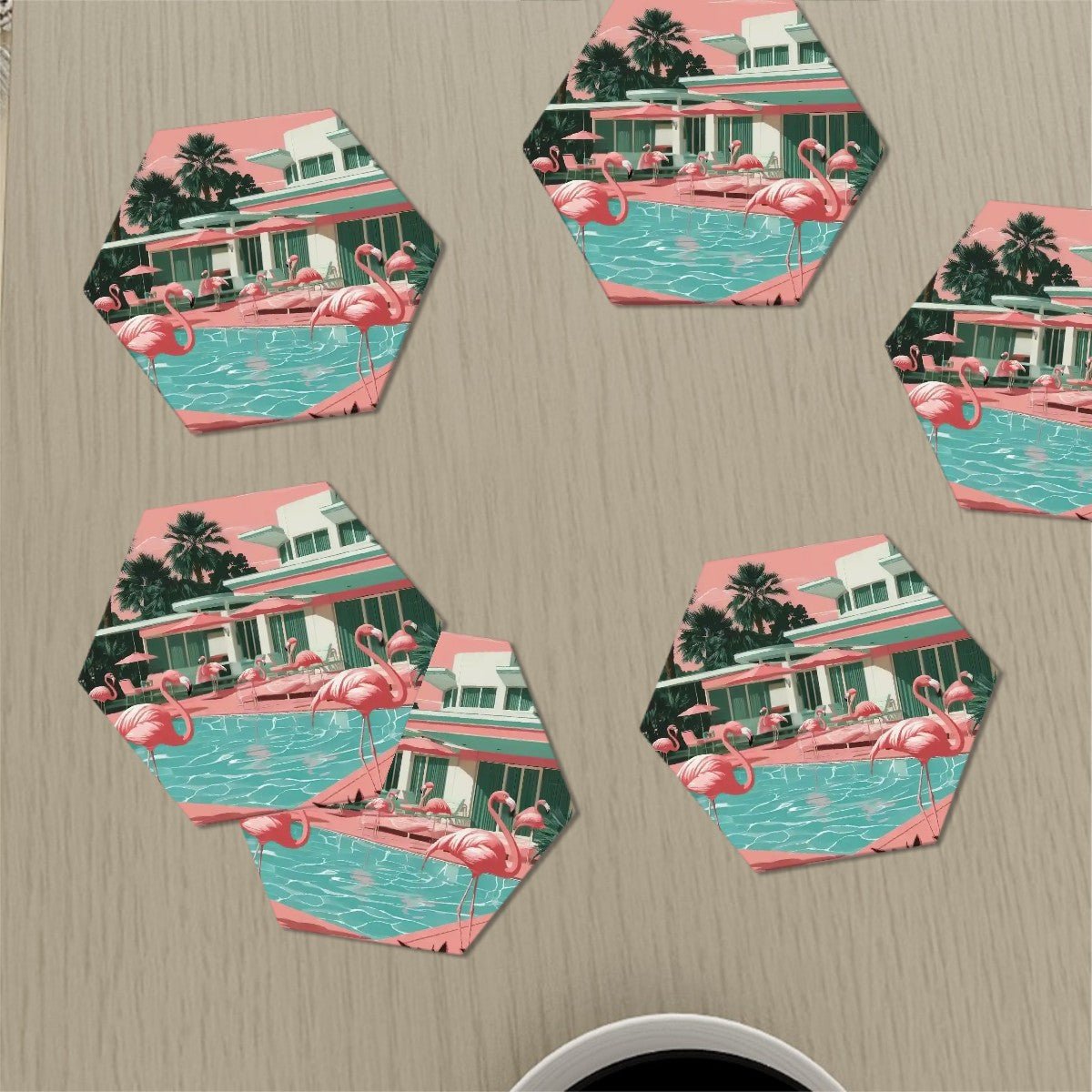 Kate McEnroe New York Retro Flamingo Palm Springs Hexagon Coasters, Mid Century Modern Poolside Ceramic Drinkware SetCoastersAVhe8OK5Kb