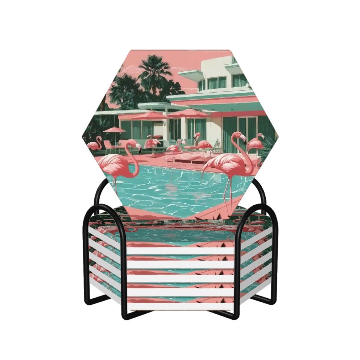 Kate McEnroe New York Retro Flamingo Palm Springs Hexagon Coasters, Mid Century Modern Poolside Ceramic Drinkware SetCoastersAVhe8OK5Kb