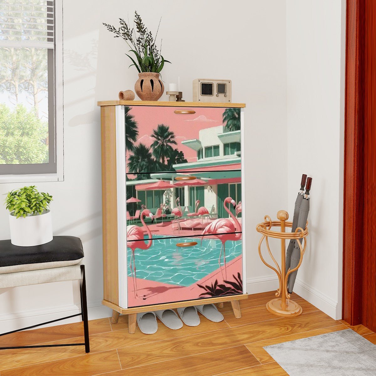 Kate McEnroe New York Retro Flamingo Poolside Shoe Cabinet, 1950s Palm Springs Style StorageShoe StorageKIedTQhz9g