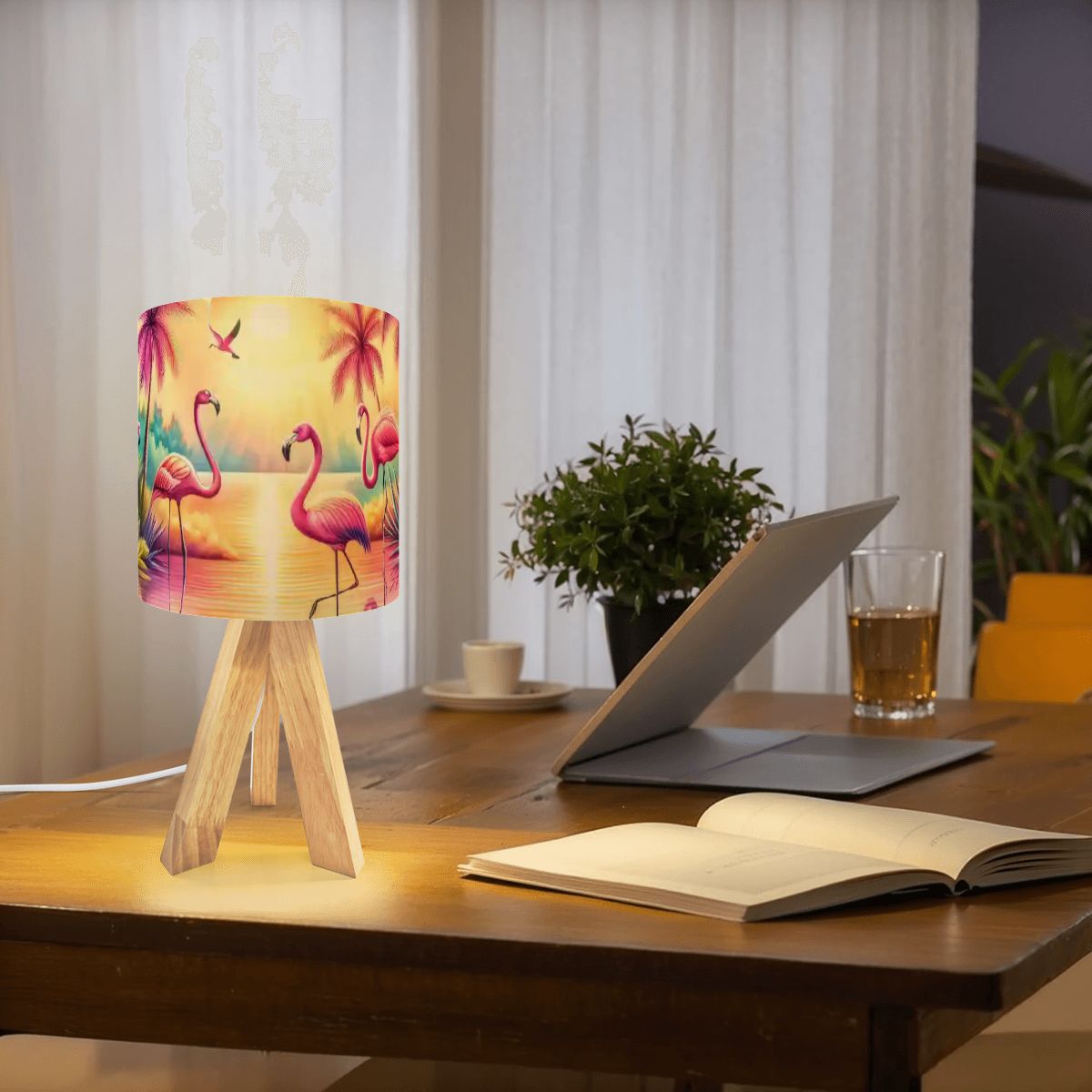 Kate McEnroe New York Retro Flamingo Sunset Table Lamp, Mid Century Tropical Palm Tripod Light, Kitsch Coastal Desk LampTable LampsfHg59MsMRZ