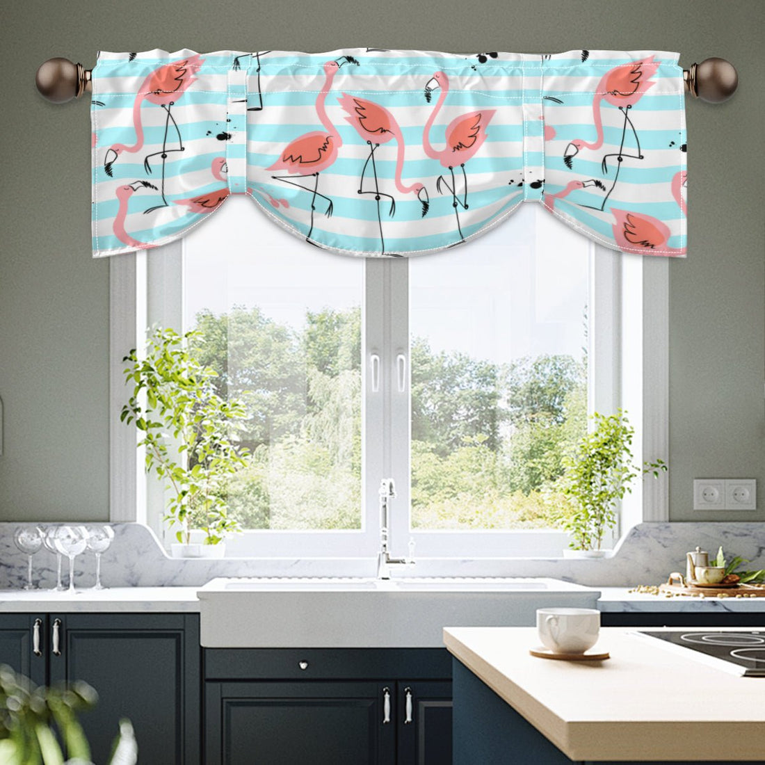 Kate McEnroe New York Retro Flamingo Tie - Up Valance, Mid Century Modern Tropical Teal Stripe, Fun 50s Pink Kitchen CurtainValancesH5KRTB - R2TVMG - RDWQUK