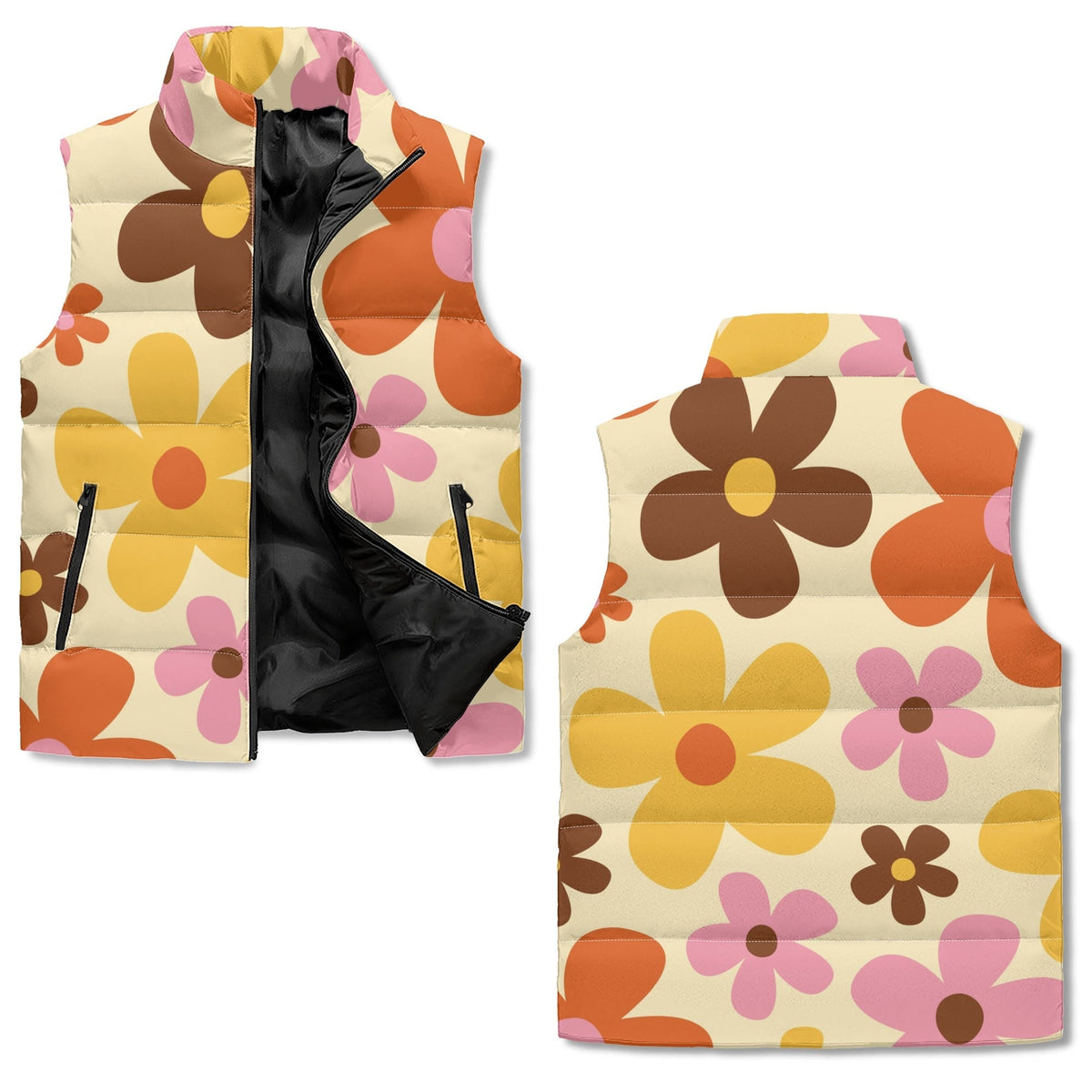 Kate McEnroe New York Retro Floral Groovy Puffer Vest, Mid Mod 70s Flower Power Lightweight Jacket, Vintage Chic OuterwearPuffer JacketsNO51XXPW - 1