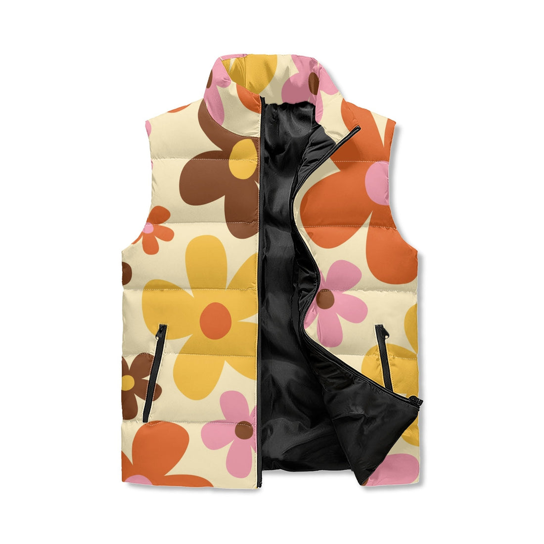 Kate McEnroe New York Retro Floral Groovy Puffer Vest, Mid Mod 70s Flower Power Lightweight Jacket, Vintage Chic OuterwearPuffer JacketsNO51XXPW - 1