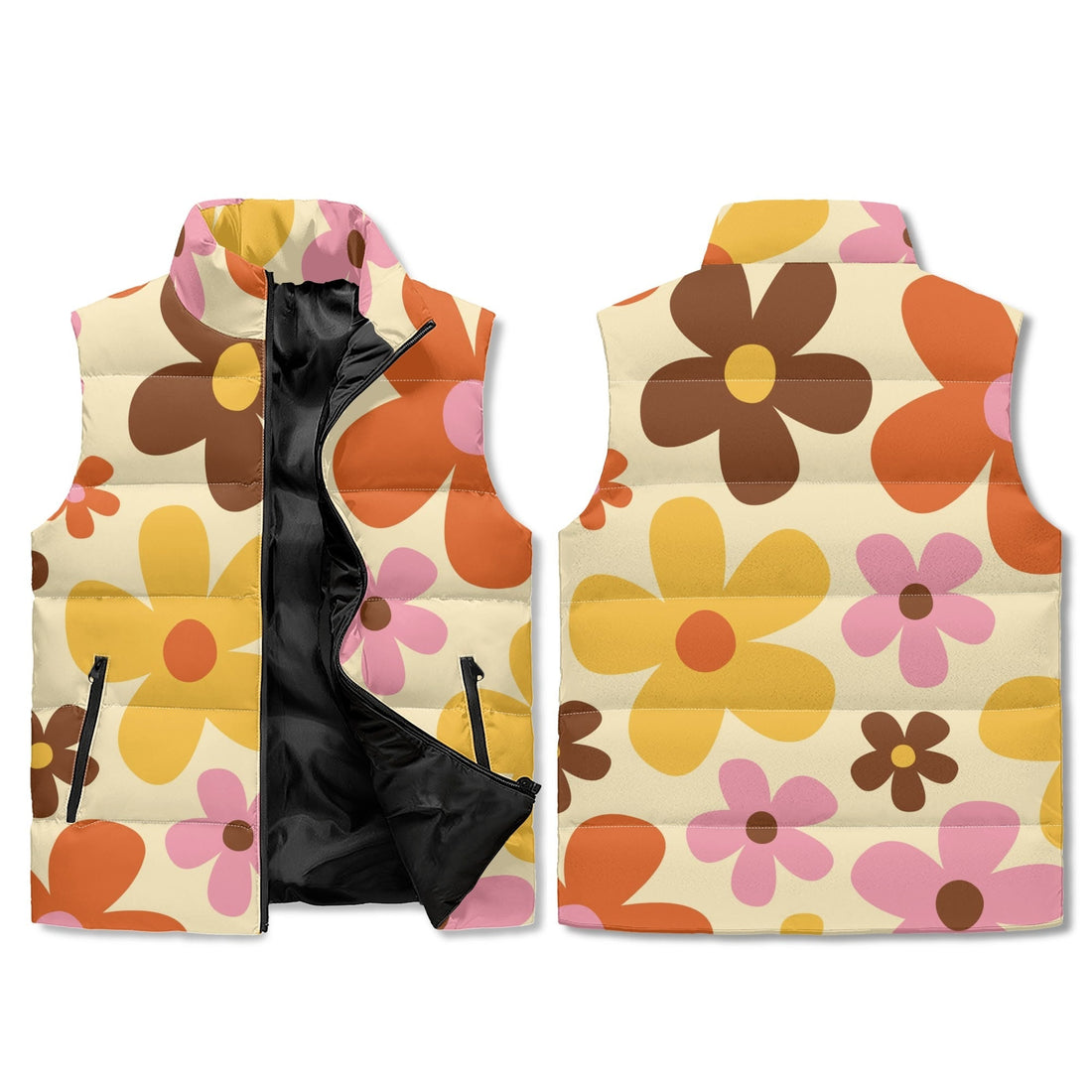 Kate McEnroe New York Retro Floral Groovy Puffer Vest, Mid Mod 70s Flower Power Lightweight Jacket, Vintage Chic OuterwearPuffer JacketsNO51XXPW - 1