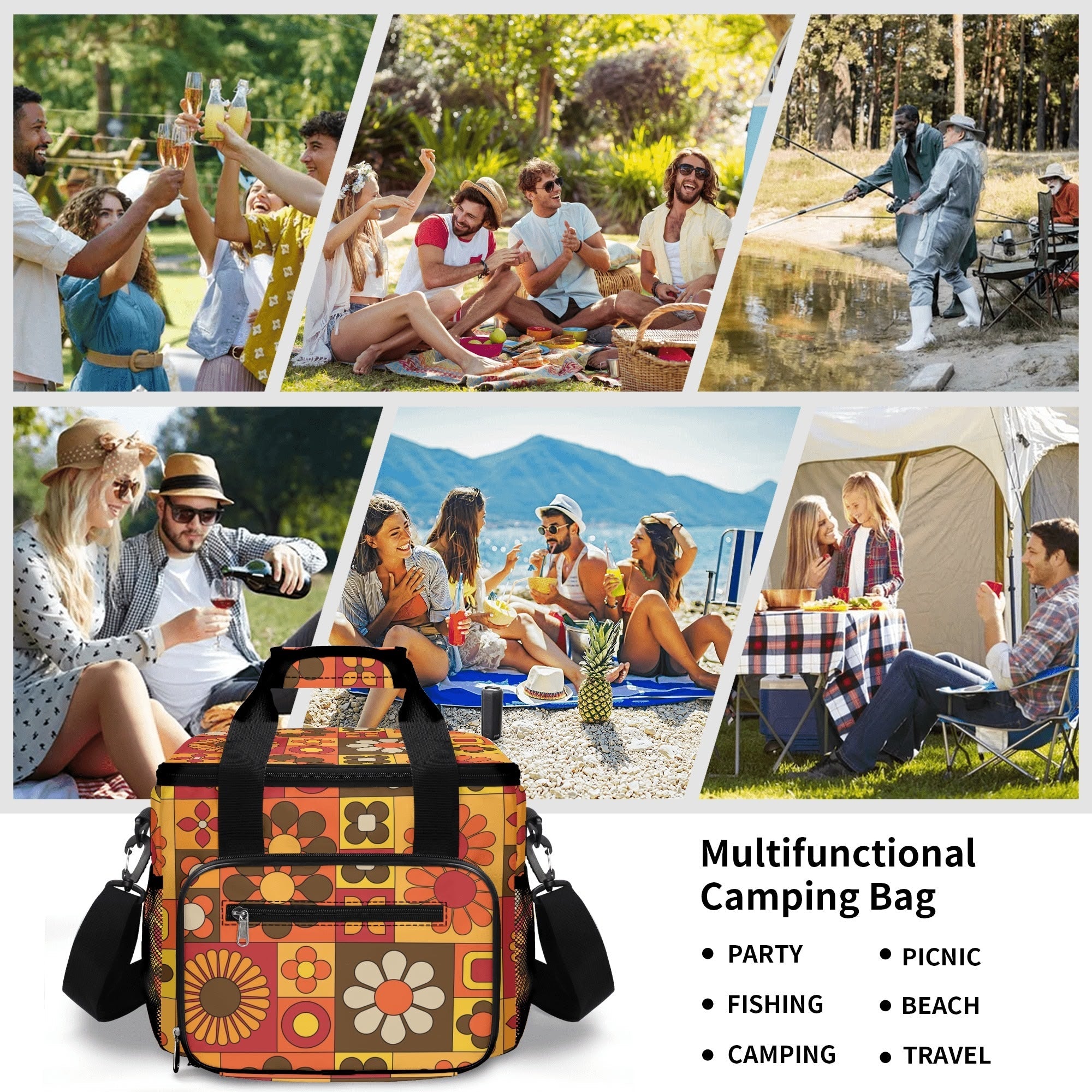 Kate McEnroe New York Retro Floral Insulated Cooler Bag, Mid Century Modern Picnic Lunch Tote, 70s MCM Groovy Flower Power Thermal CarrierLunch BagsNO5G440W - 1
