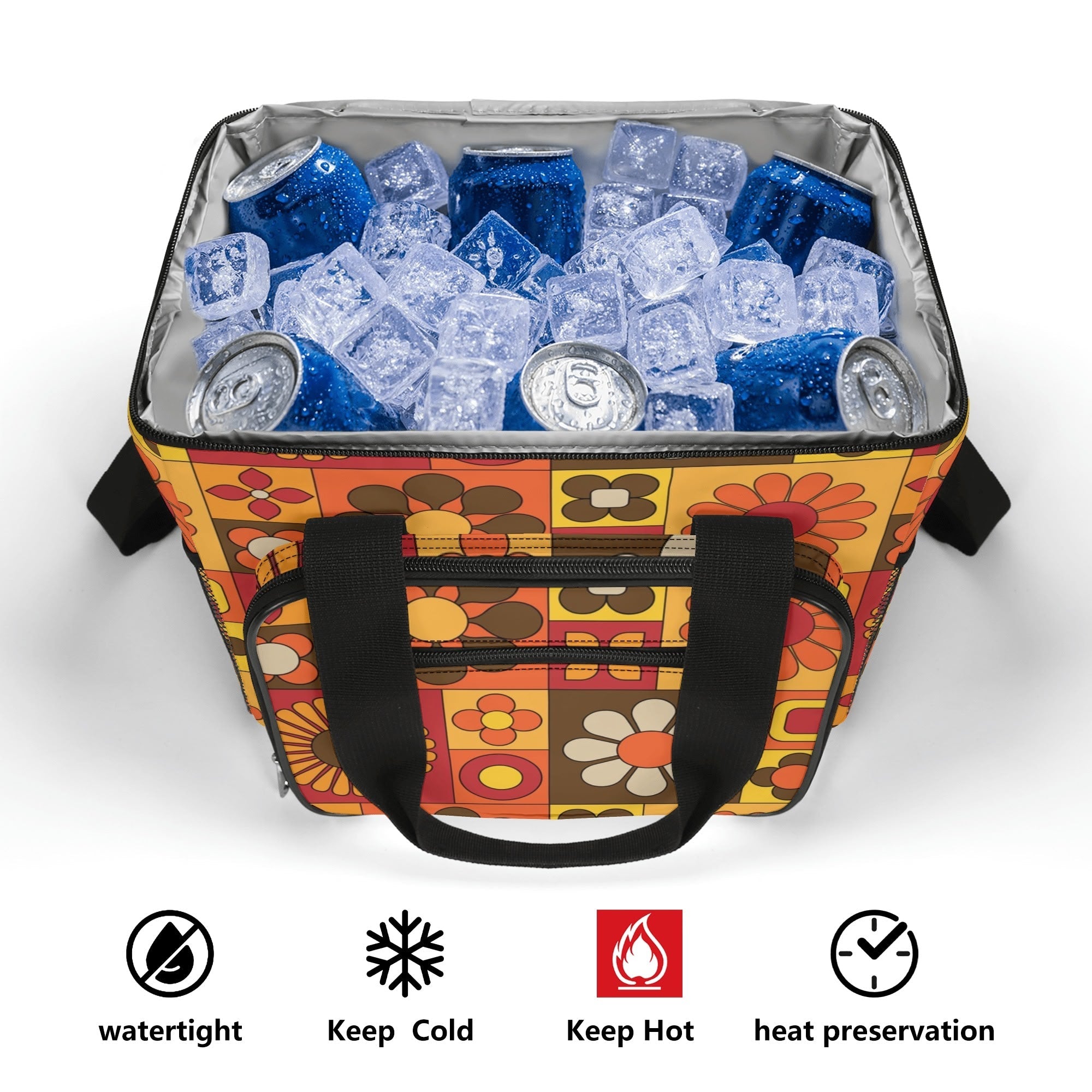 Kate McEnroe New York Retro Floral Insulated Cooler Bag, Mid Century Modern Picnic Lunch Tote, 70s MCM Groovy Flower Power Thermal CarrierLunch BagsNO5G440W - 1