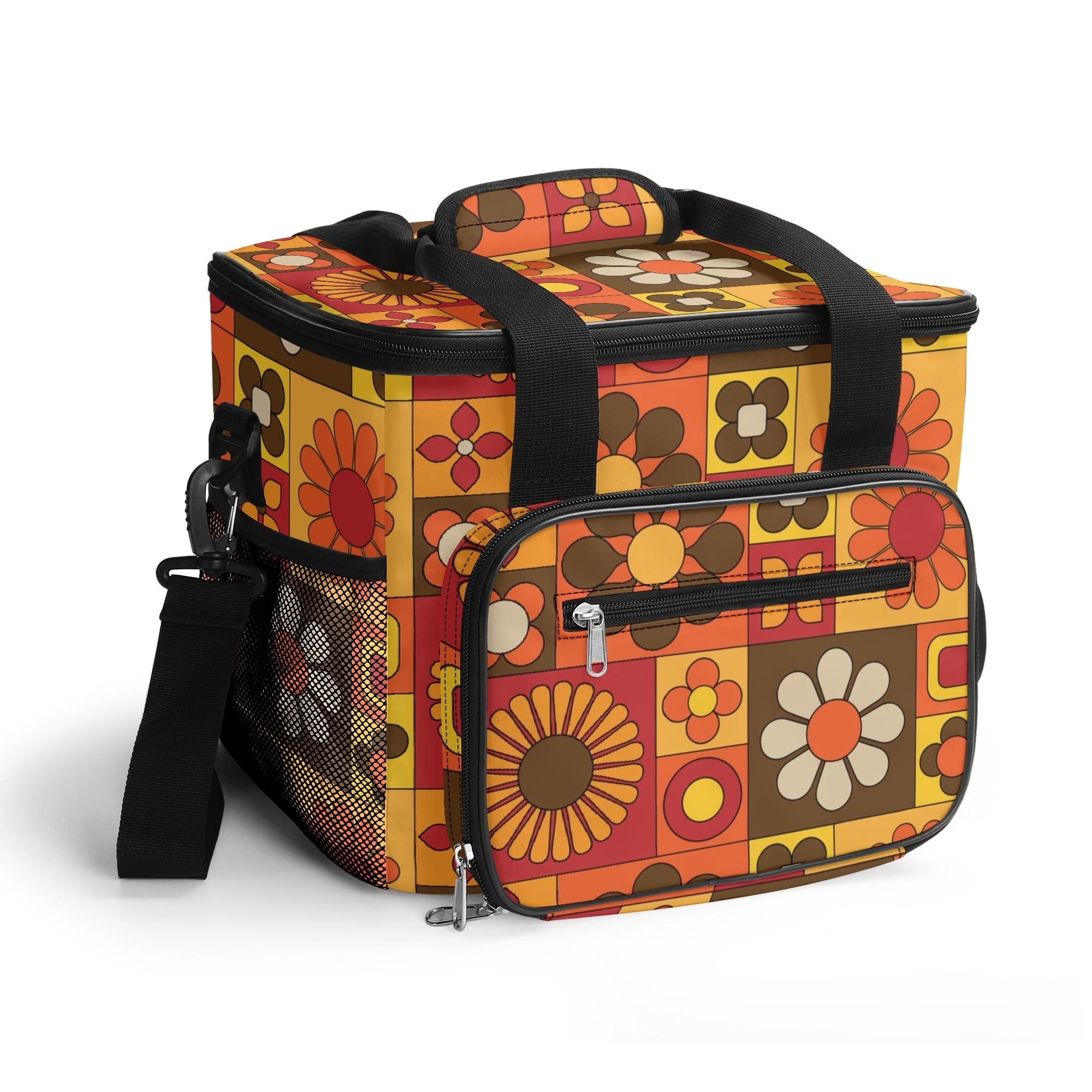 Kate McEnroe New York Retro Floral Insulated Cooler Bag, Mid Century Modern Picnic Lunch Tote, 70s MCM Groovy Flower Power Thermal CarrierLunch BagsNO5G440W - 1