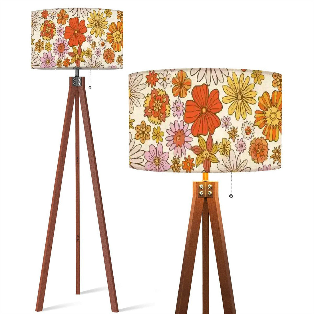 Kate McEnroe New York Retro Floral MCM Tripod Floor Lamp, Linen Drum Shade in Orange and Yellow, Mid Century Modern Living Room, Bedroom Accent LampFloor LampsKp1FQctSwB