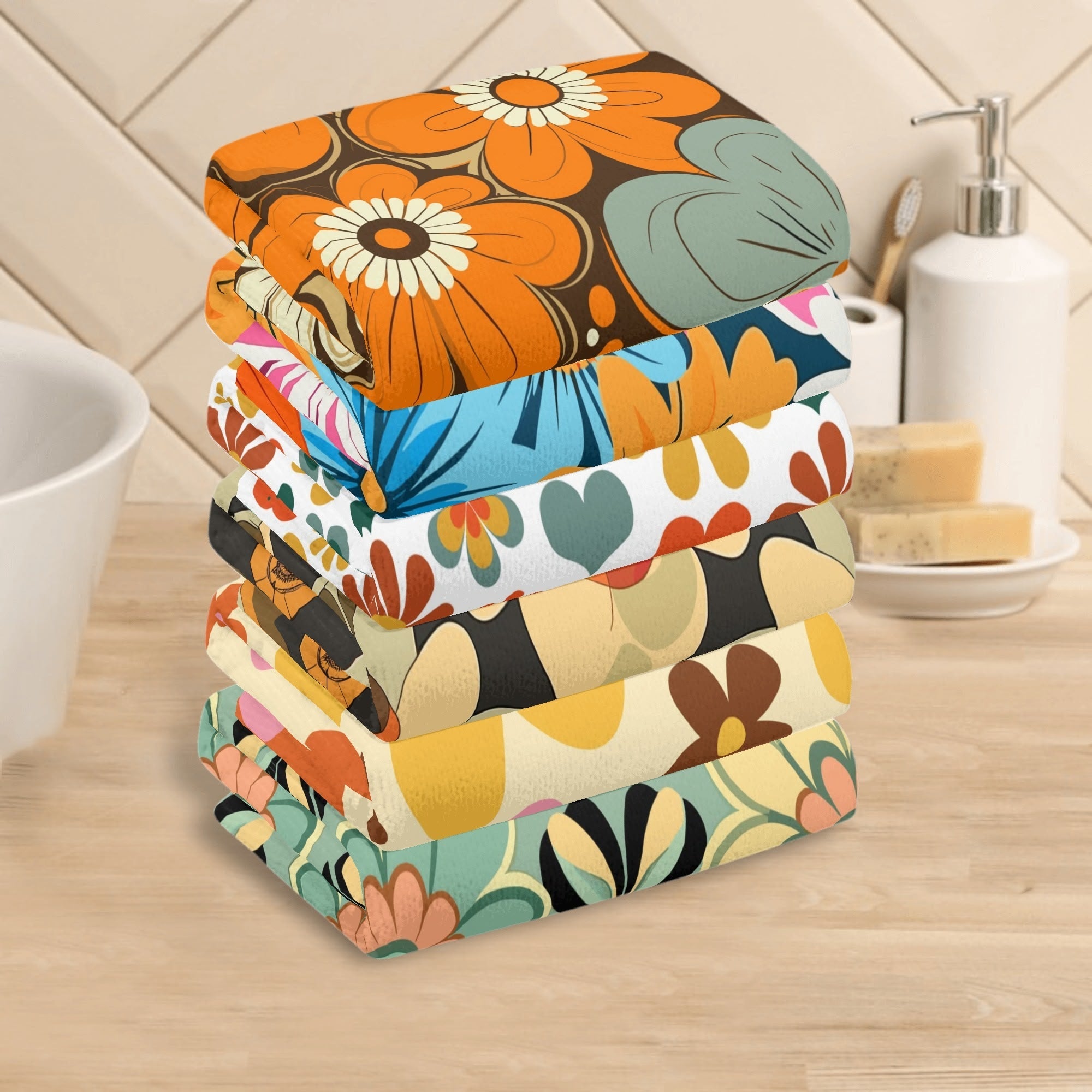 Kate McEnroe New York Retro Flower Power Hand Towels Set, 6pcs Groovy Floral Kitchen Towels, 70s Boho Bath Accent, Vintage Towel CollectionHand TowelsNM69MVLW - 1