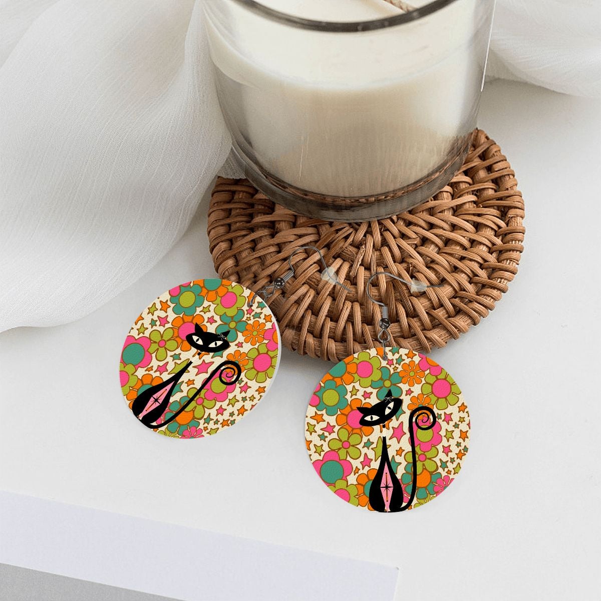 Kate McEnroe New York Retro Flower Power MCM Atomic Cat Dangle Round EarringsEarringsXyKezyZIDp