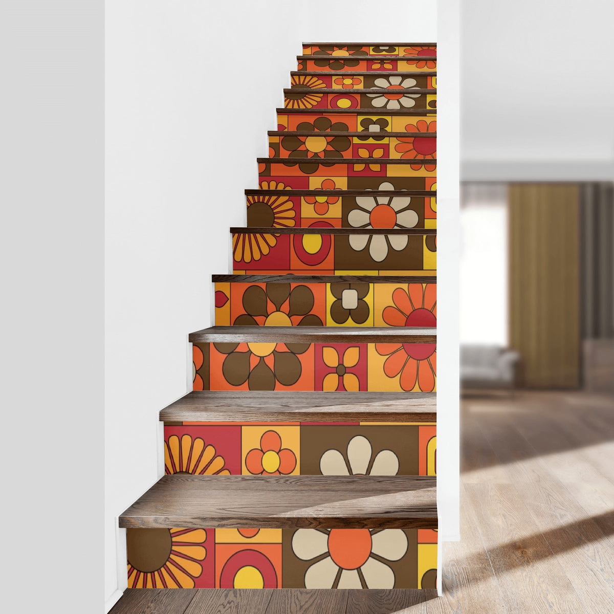 Kate McEnroe New York Retro Flower Power Stair Risers, 70s Mid Century Modern Peel Stick Decals, Mod Groovy Floral MCM DecorStair RisersWQE3QOMW - 1