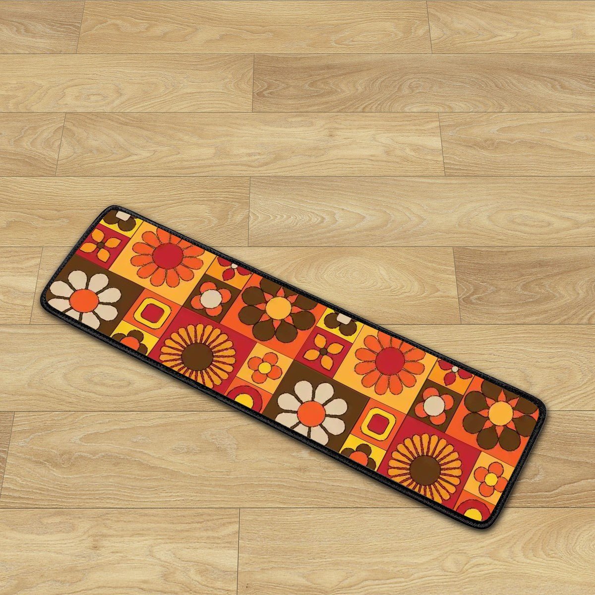 Kate McEnroe New York Retro Flower Power Stair Tread Covers, 70s Mid Century Modern Non Slip Step Mats, MCM Groovy Orange Brown Floor ProtectorsStair TreadsWoFAybmH8x