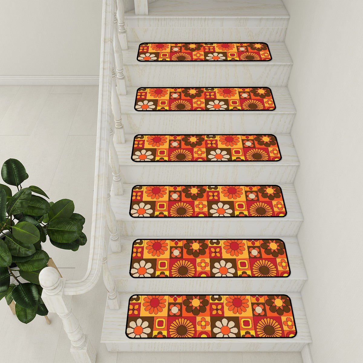 Kate McEnroe New York Retro Flower Power Stair Tread Covers, 70s Mid Century Modern Non Slip Step Mats, MCM Groovy Orange Brown Floor ProtectorsStair TreadsWoFAybmH8x