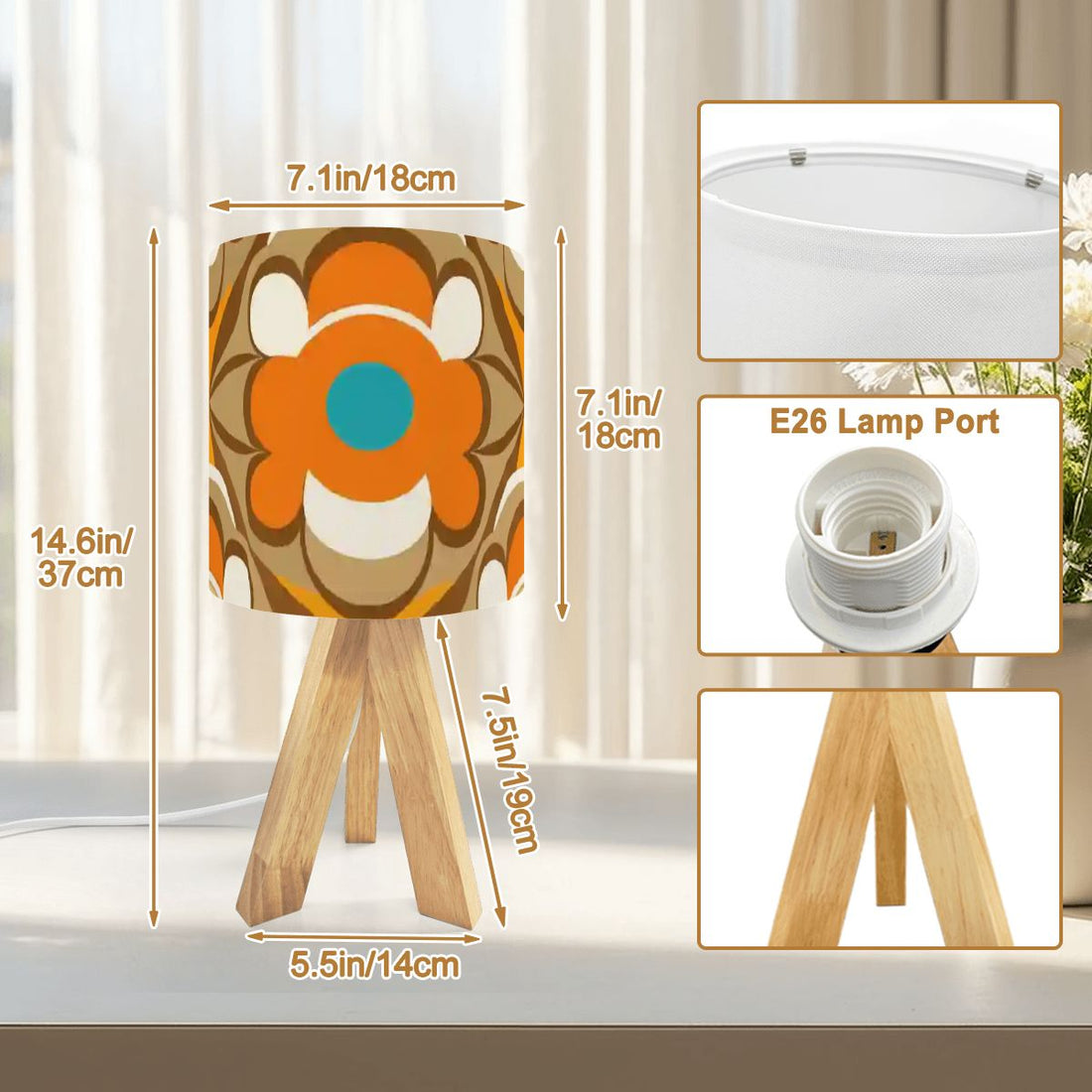 Kate McEnroe New York Retro Flower Power Tripod Lamp, 70s Boho Floral Accent Light, Mid Century Modern Table Lamp, Vintage Orange, Brown, Turquoise MCM LightingTable LampsJYuvlQ2Xzn