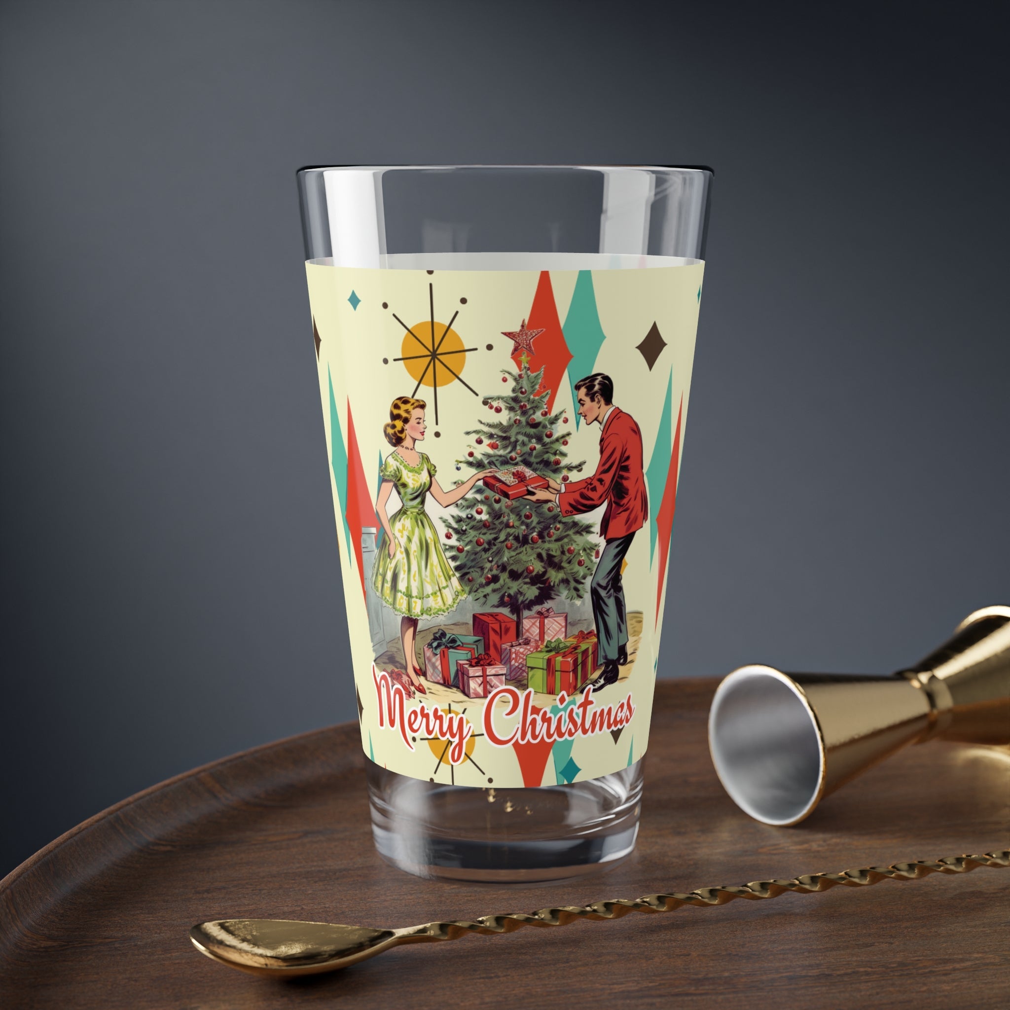 Kate McEnroe New York Retro Franciscan Diamond Starburst Vintage 50s Kitsch Christmas Card Art Pint Glass, MCM Cocktail Shaker, Holiday Party BarwarePint Glasses72447788767479750698