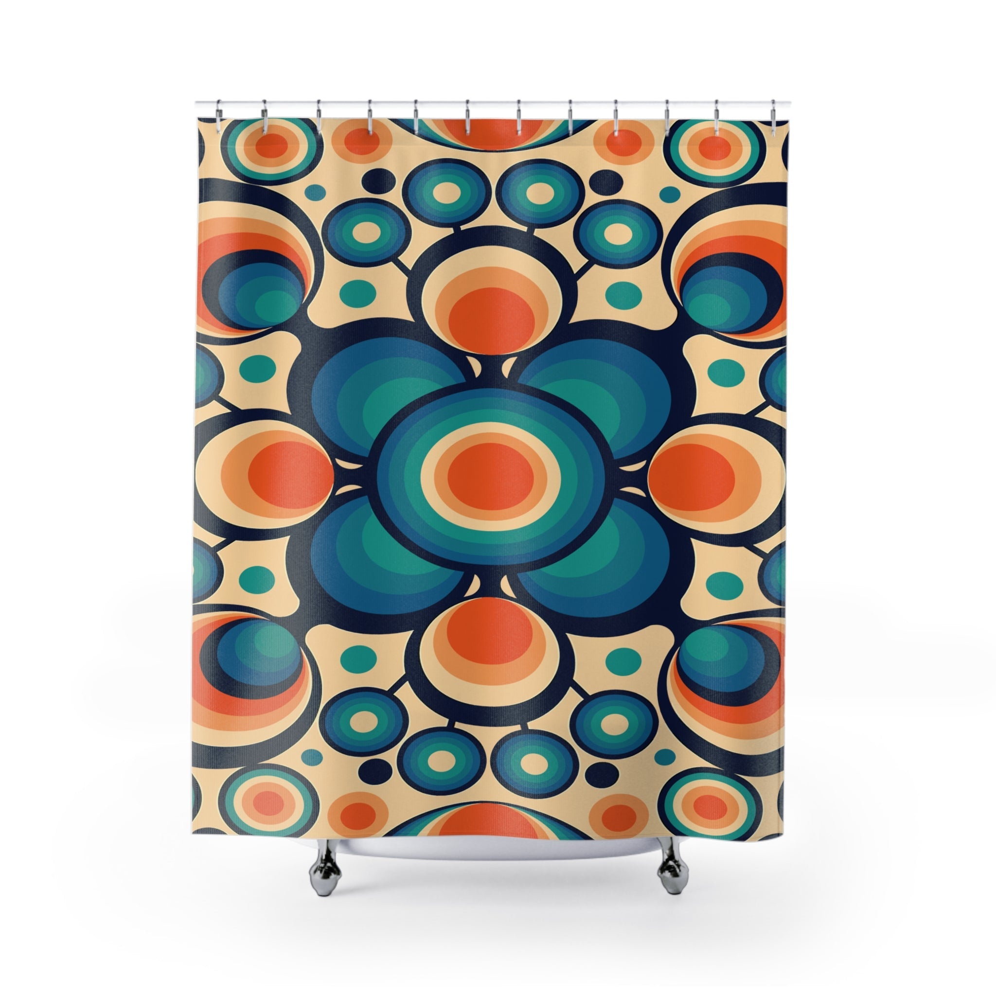 Kate McEnroe New York Retro Funky Boho Chic Cobalt Blue, Orange, and Beige Flower Power Shower Curtain, Mid Century Modern Groovy Hippie Orbs Bathroom Decor GiftsShower Curtains13529994228775959549