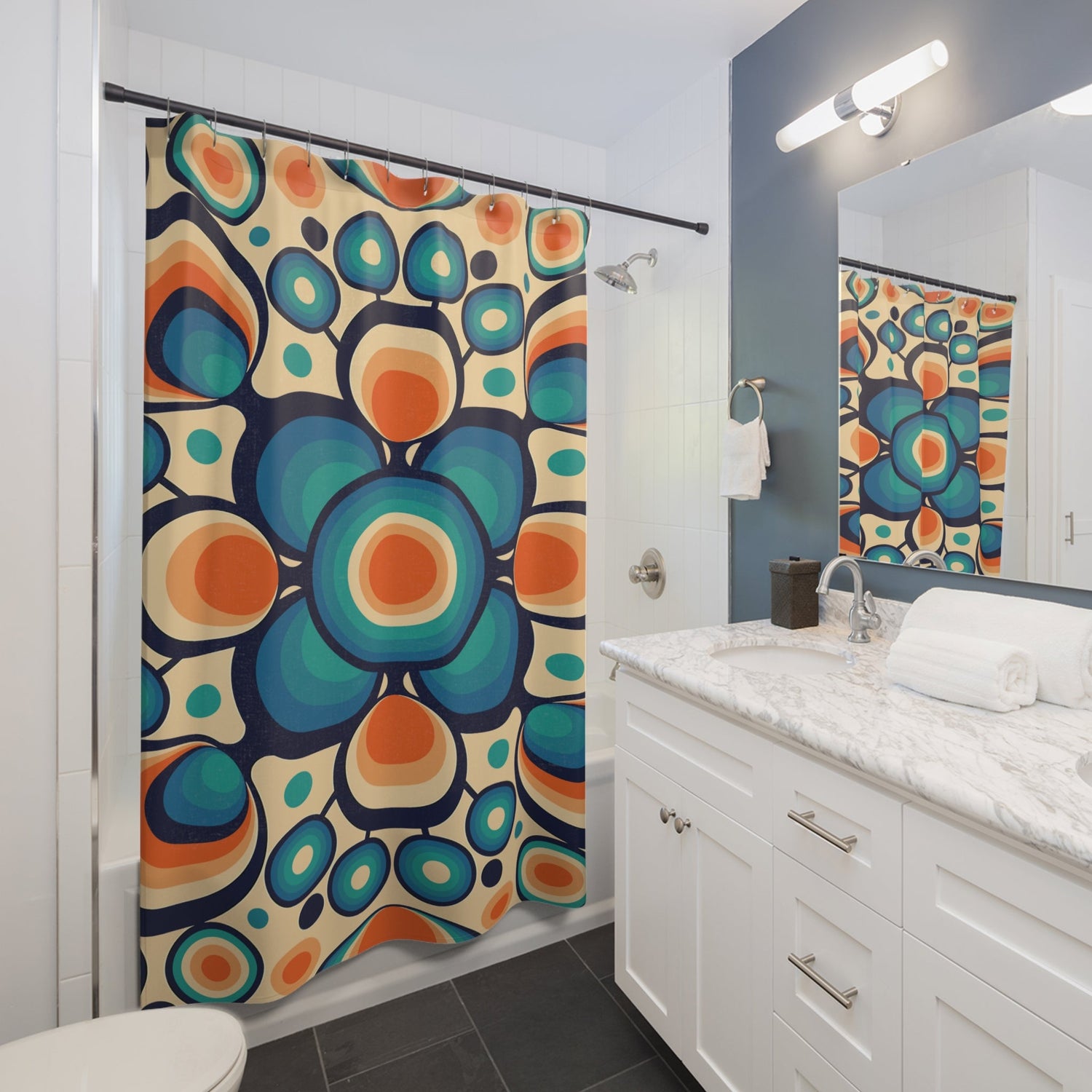 Kate McEnroe New York Retro Funky Boho Chic Cobalt Blue, Orange, and Beige Flower Power Shower Curtain, Mid Century Modern Groovy Hippie Orbs Bathroom Decor GiftsShower Curtains13529994228775959549