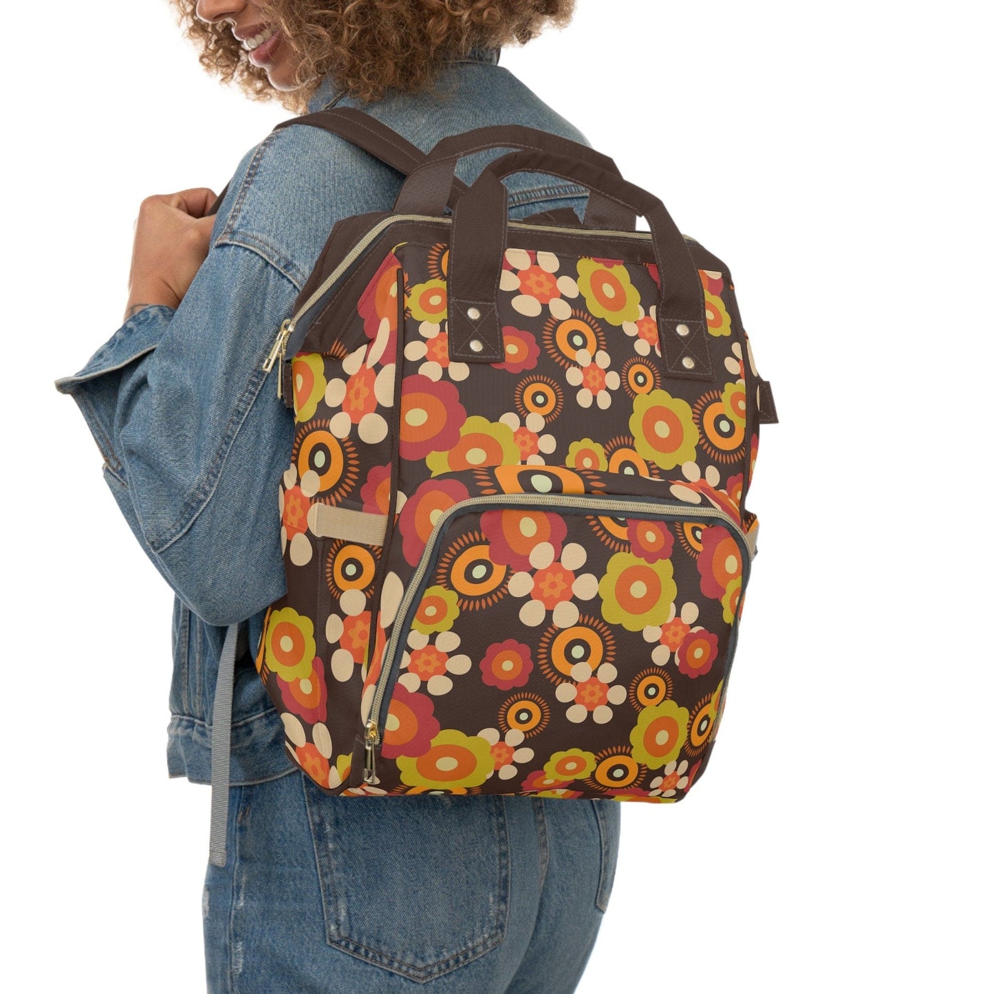 Kate McEnroe New York Retro Funky Groovy Hippie Boho Floral Multifunctional Backpack, Diaper Bag, Weekender Bag, Carry-on Luggage Bag, Multipurpose Backpack Diaper Bags 25833989005466094590
