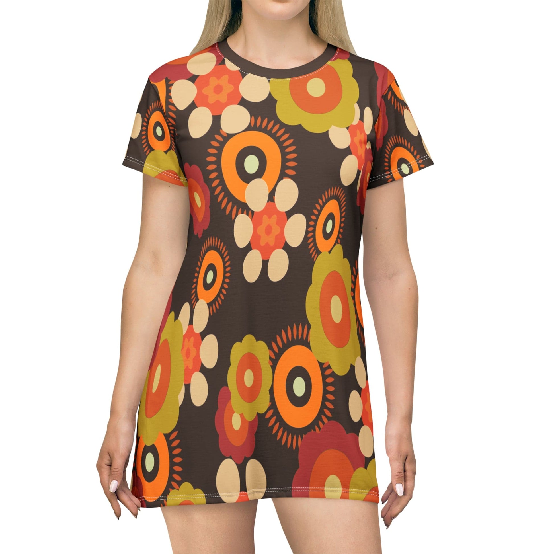 Kate McEnroe New York Retro Funky Groovy Hippie Boho Floral T-Shirt Dress, Mid Century Modern Brown, Lime Green, Mustard Yellow, Summer Party Dress, Hippie Gifts Dresses XS 24949358616856388023
