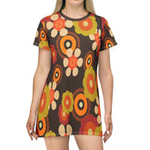 Kate McEnroe New York Retro Funky Groovy Hippie Boho Floral T - Shirt Dress, Mid Century Modern Brown, Lime Green, Mustard Yellow, Summer Party Dress, Hippie GiftsDresses24949358616856388023