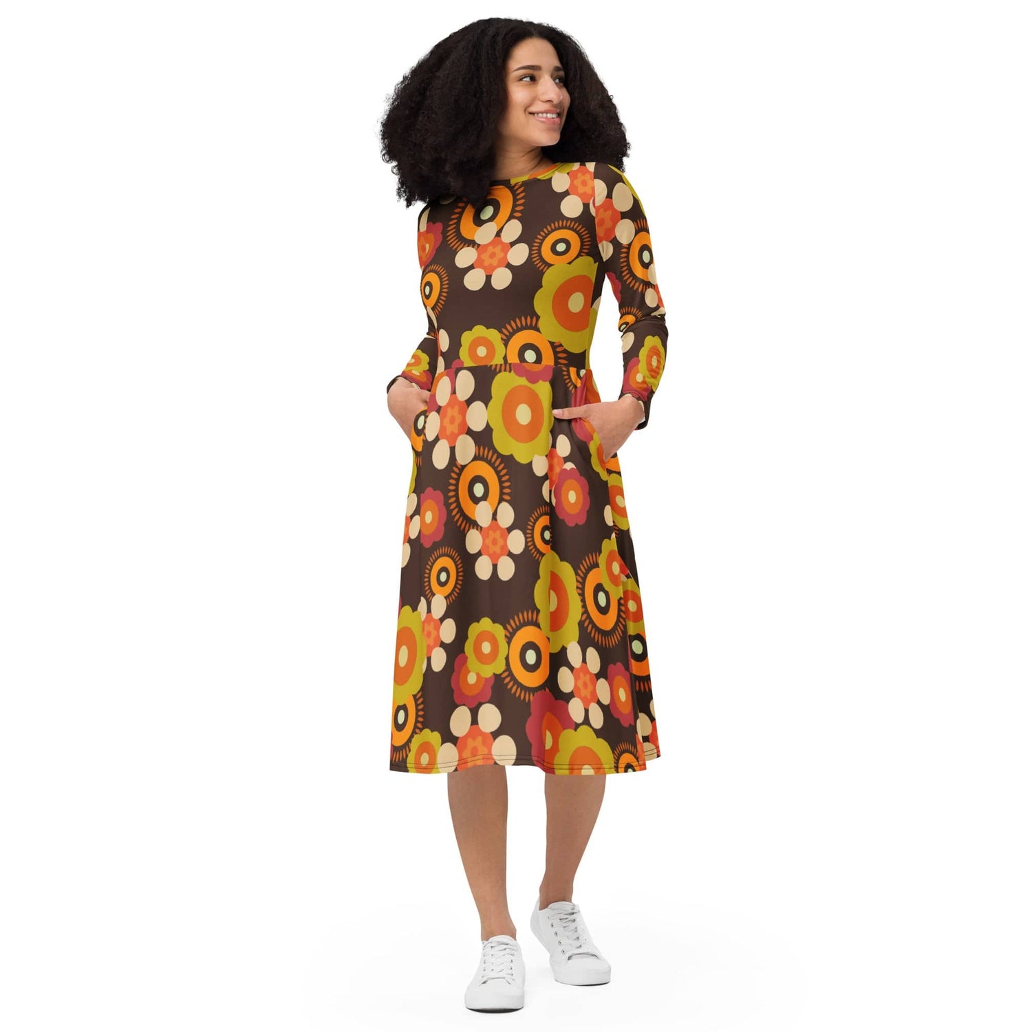 Retro Funky Groovy Mid Mod Hippie Boho Midi Dress, 1960s Hippie Floral Mod Dress with Pockets - KM13609723 6XL Retro Funky Groovy Mid Mod Hippie Boho Midi Dress, 1960s Hippie Floral Mod Dress with Pockets - KM13609723 6XL