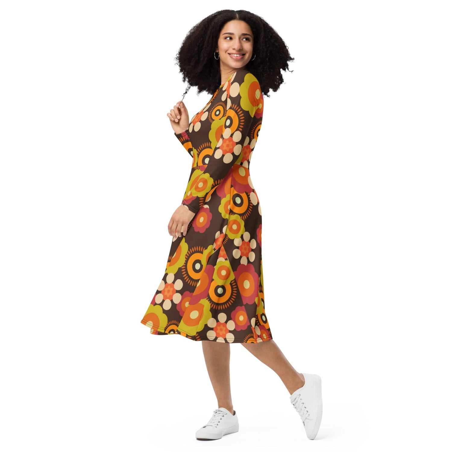 Retro Funky Groovy Mid Mod Hippie Boho Midi Dress, 1960s Hippie Floral Mod Dress with Pockets - KM13609723 6XL Retro Funky Groovy Mid Mod Hippie Boho Midi Dress, 1960s Hippie Floral Mod Dress with Pockets - KM13609723 6XL