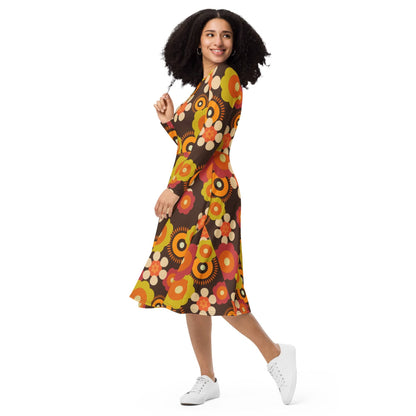 Kate McEnroe New York Retro Funky Groovy Mid Mod Hippie Boho Midi Dress, 1960s Hippie Floral Mod Dress with Pockets - KM13609723Dresses8998924_15103