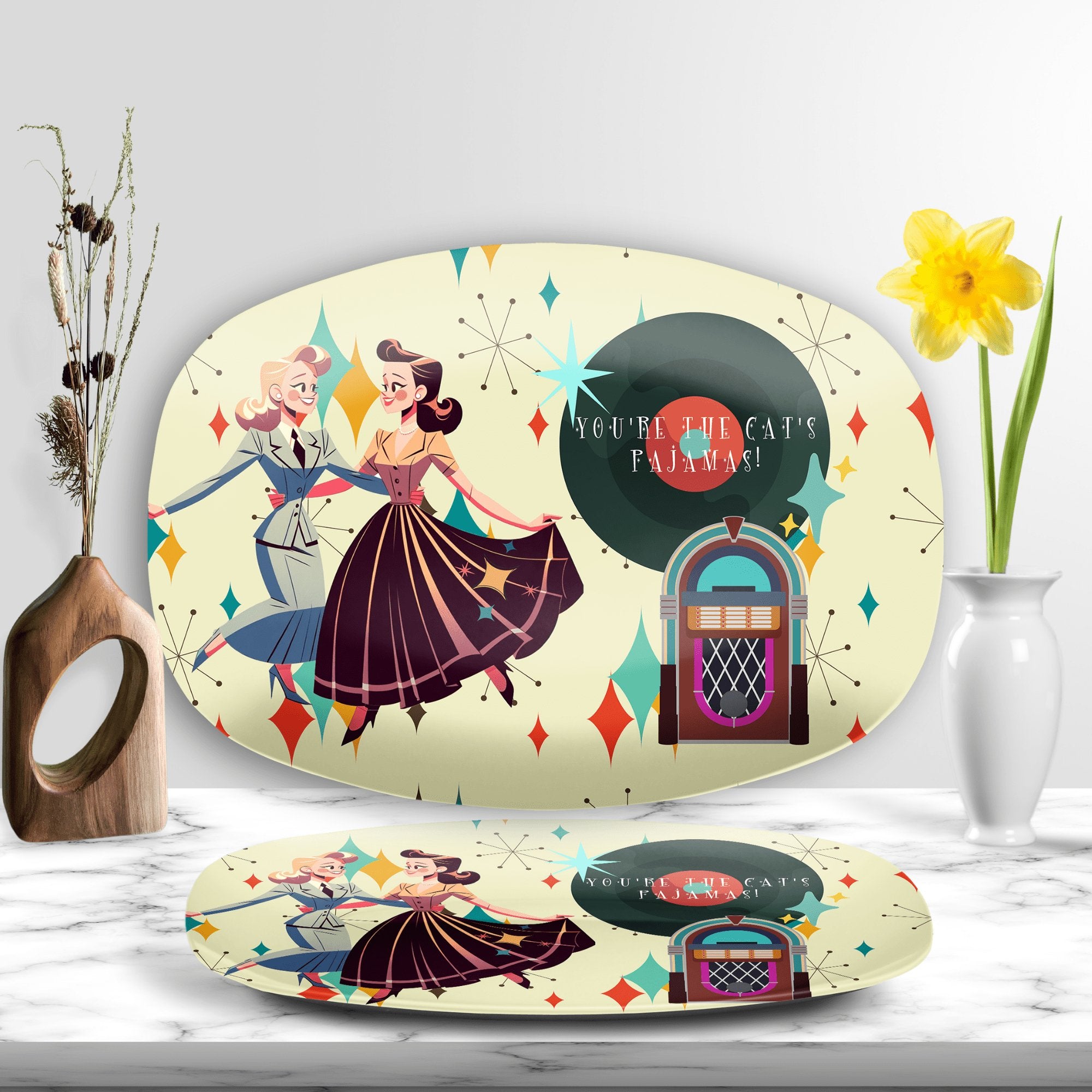 Kate McEnroe New York Retro Gals Dance Platter, Lesbian Kitschy Vintage Serving Tray, Mid Century Modern Love Festive DishServing Platters9727