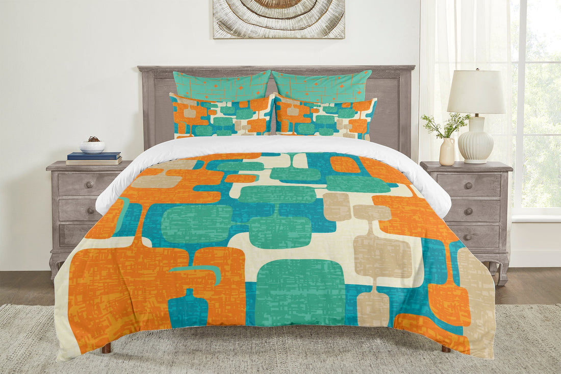 Kate McEnroe New York Retro Geometric Duvet Cover Set, Mid Century Modern Teal Orange BeddingDuvet Cover SetDUVTOSQMF-KG