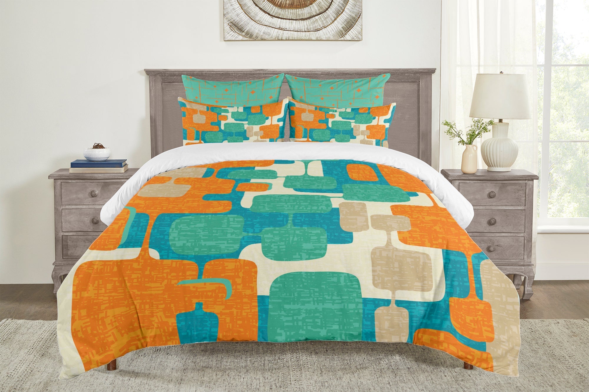 Kate McEnroe New York Retro Geometric Duvet Cover Set, Mid Century Modern Teal Orange BeddingDuvet Cover SetDUVTOSQMF-KG