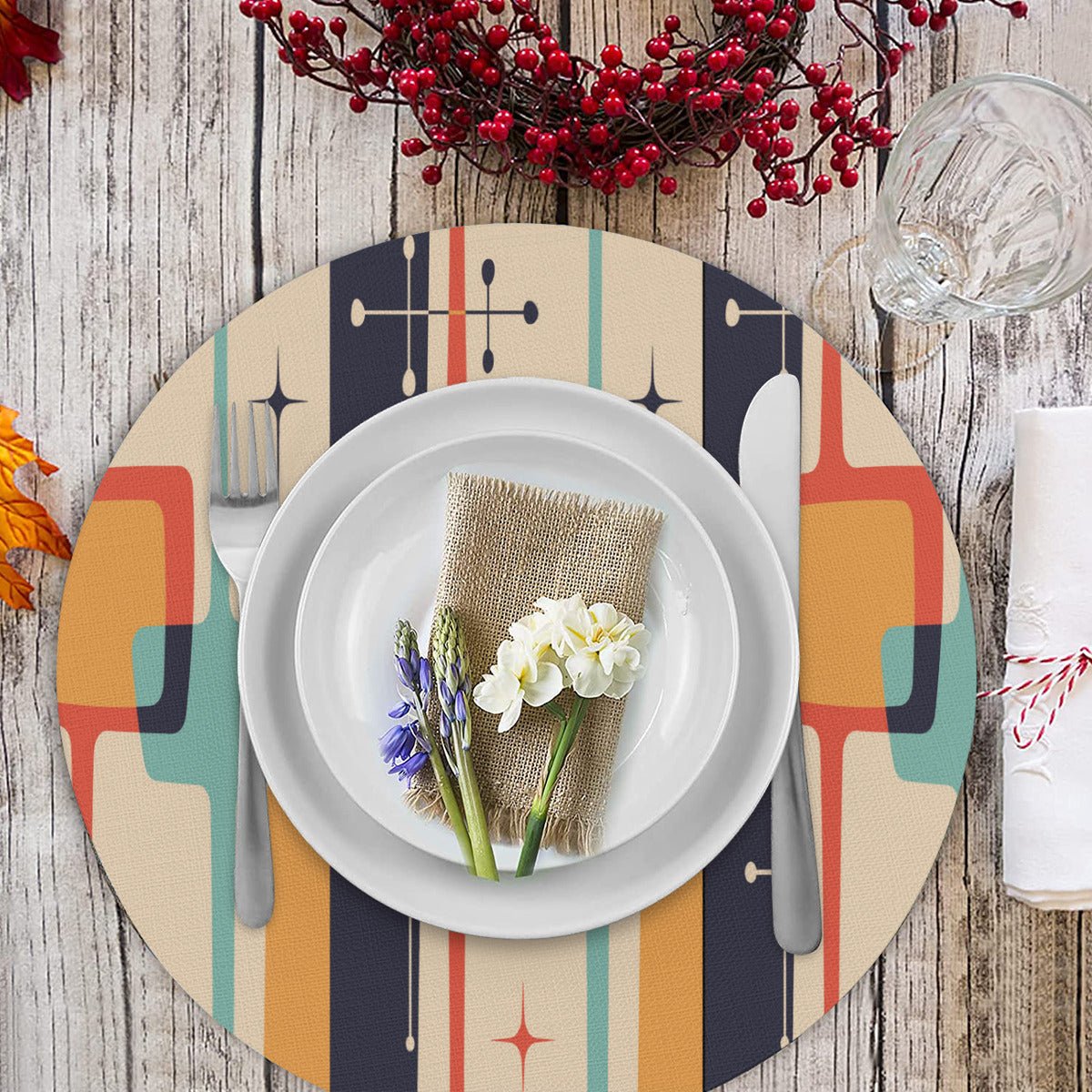 Kate McEnroe New York Retro Geometric Mid Century Modern Linen Placemats, MCM Atomic Starburst Table LinensPlacematsH5KRTB - 54QKEX - L4IOAT