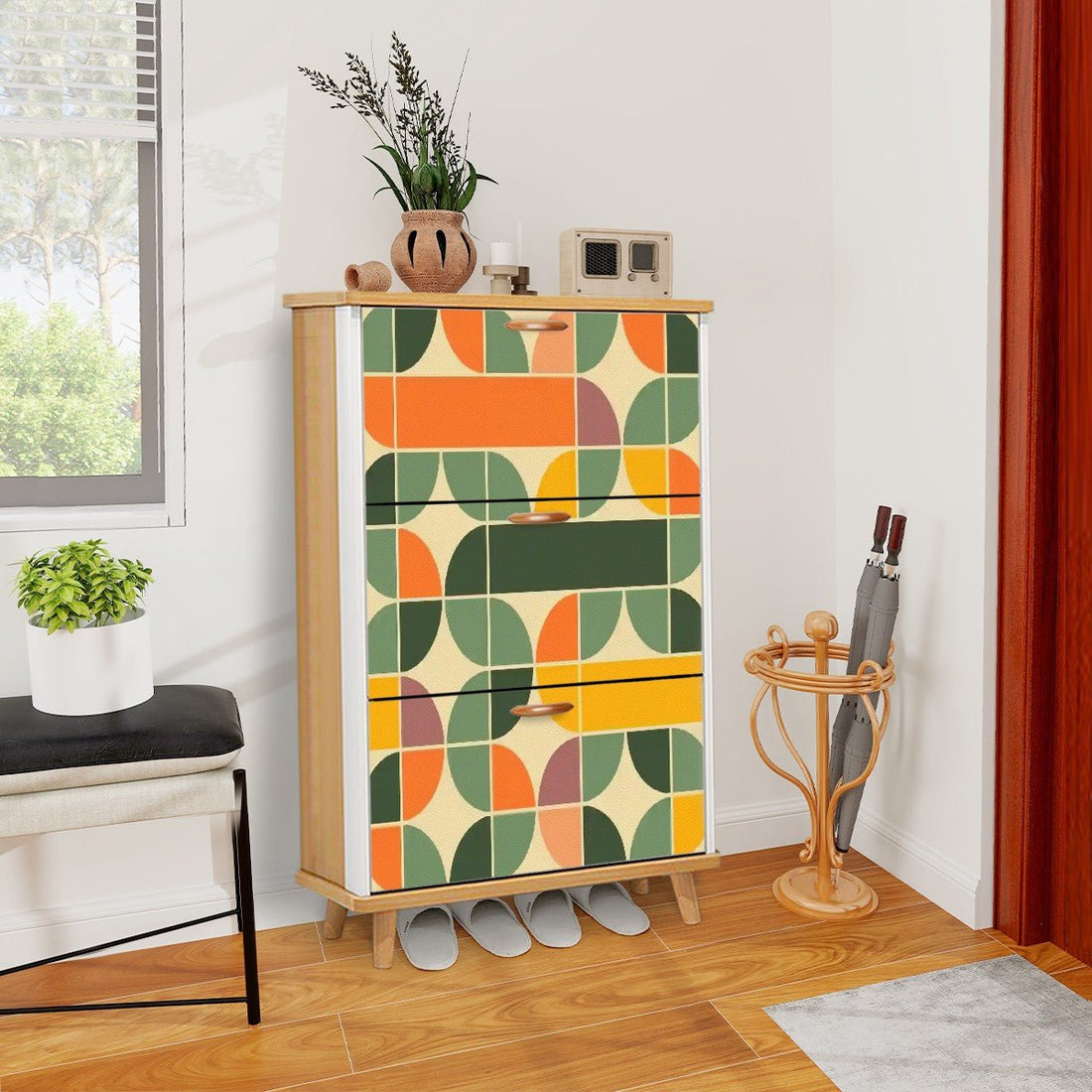 Kate McEnroe New York Retro Geometric Mid Century Modern Shoe Cabinet, MCM Avocado Green, Mustard Yellow Storage AccentShoe Storagew7zwecuFPy