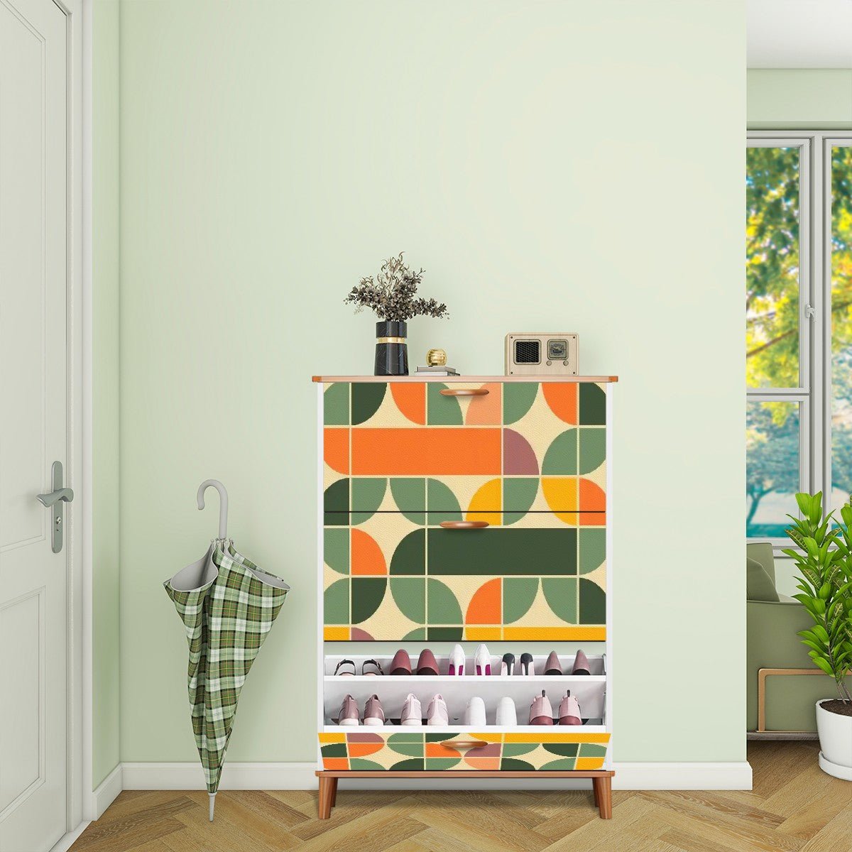 Kate McEnroe New York Retro Geometric Mid Century Modern Shoe Cabinet, MCM Avocado Green, Mustard Yellow Storage AccentShoe Storagew7zwecuFPy