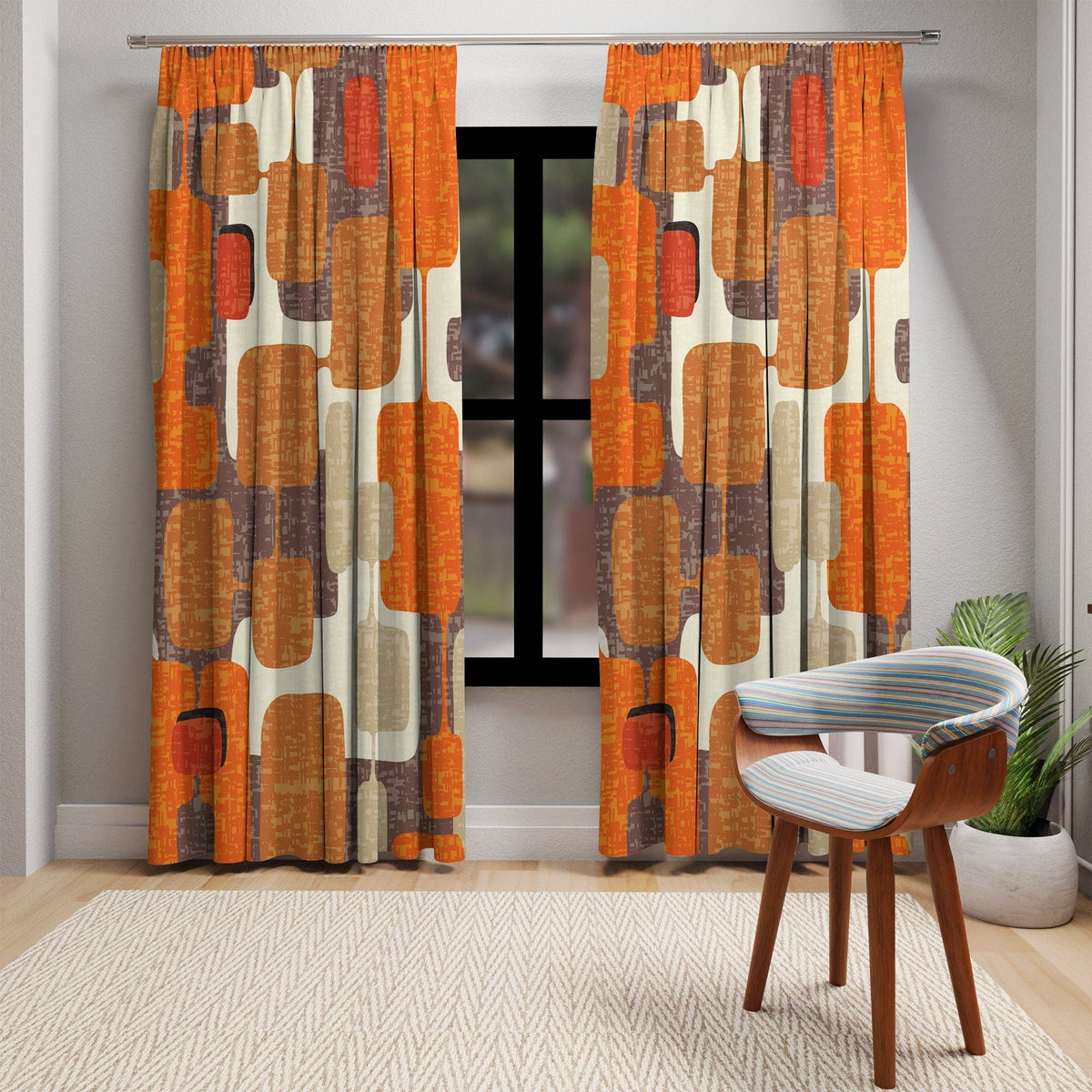 Retro Geometric Mid Century Modern Window Curtain, Vintage Atomic Age