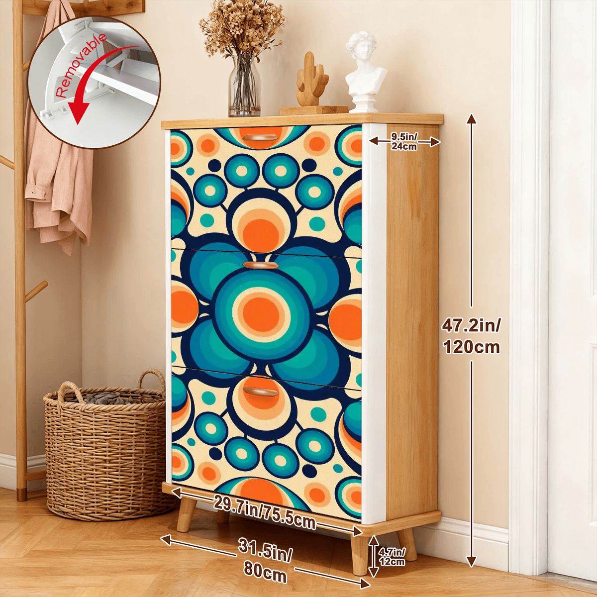 Kate McEnroe New York Retro Geometric Orb Shoe Cabinet, Mid Century Modern Entryway Storage, Bold Blue Orange MCM OrganizerShoe StorageThCf4L9e5q