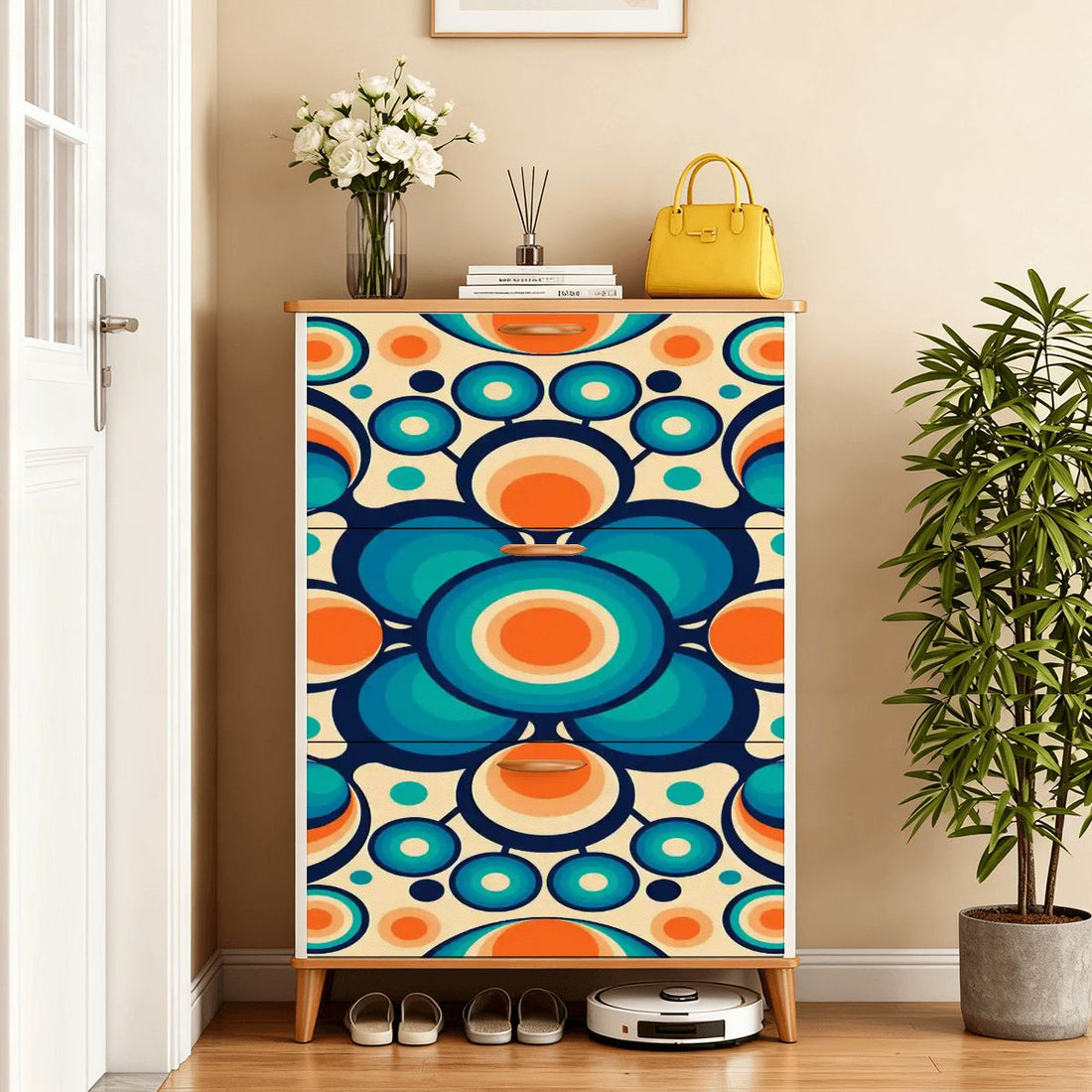 Kate McEnroe New York Retro Geometric Orb Shoe Cabinet, Mid Century Modern Entryway Storage, Bold Blue Orange MCM OrganizerShoe StorageThCf4L9e5q