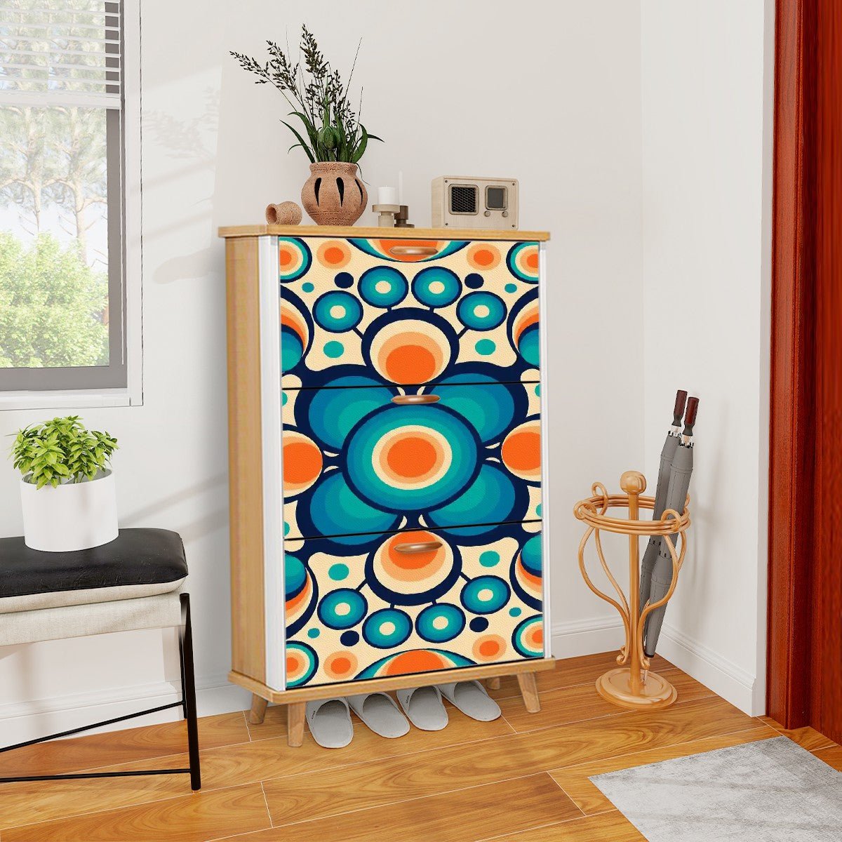 Kate McEnroe New York Retro Geometric Orb Shoe Cabinet, Mid Century Modern Entryway Storage, Bold Blue Orange MCM OrganizerShoe StorageThCf4L9e5q